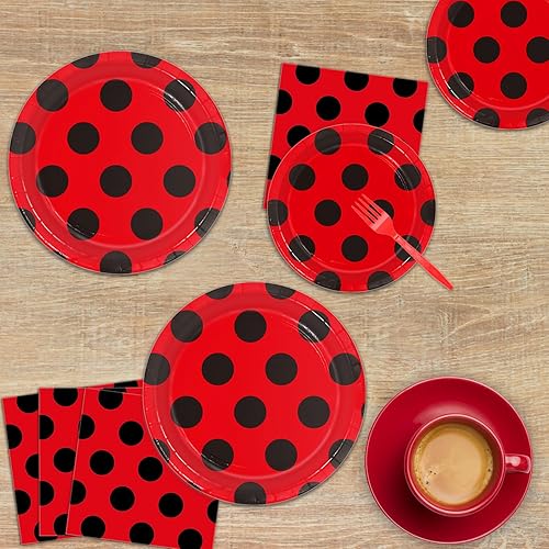 Miniatura 5 de Oigco Juego de vajilla de fiesta de cumpleaños de mariquita incluye platos de papel, servilletas, mantel, tenedores para decoración de fiesta de