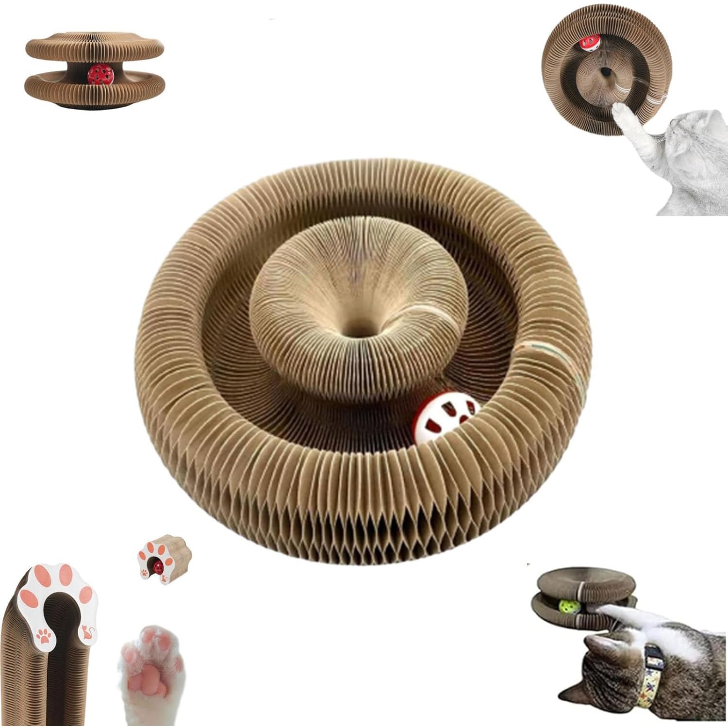 Kitty Kurlz Cat Toy, Foldable Accordion Style Cat Toy, Cardboard Material with Ball, Interactive Play for Cats with Ball (1 PCS)
