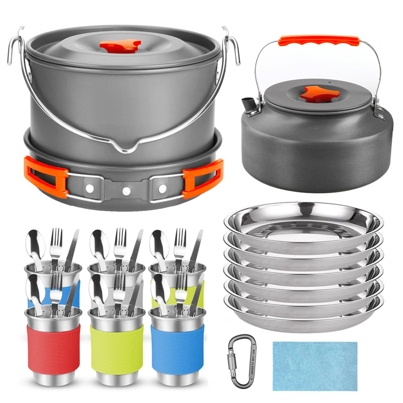 Cryfokt Camping-Kochgeschirr-Set, Langlebiges Outdoor-Kochgeschirr-Set, Tragbar für 6–8 Personen, Aluminiumlegierung, Campingausrüstung für Camping, Wandern, Rucksackreisen, Picknicken