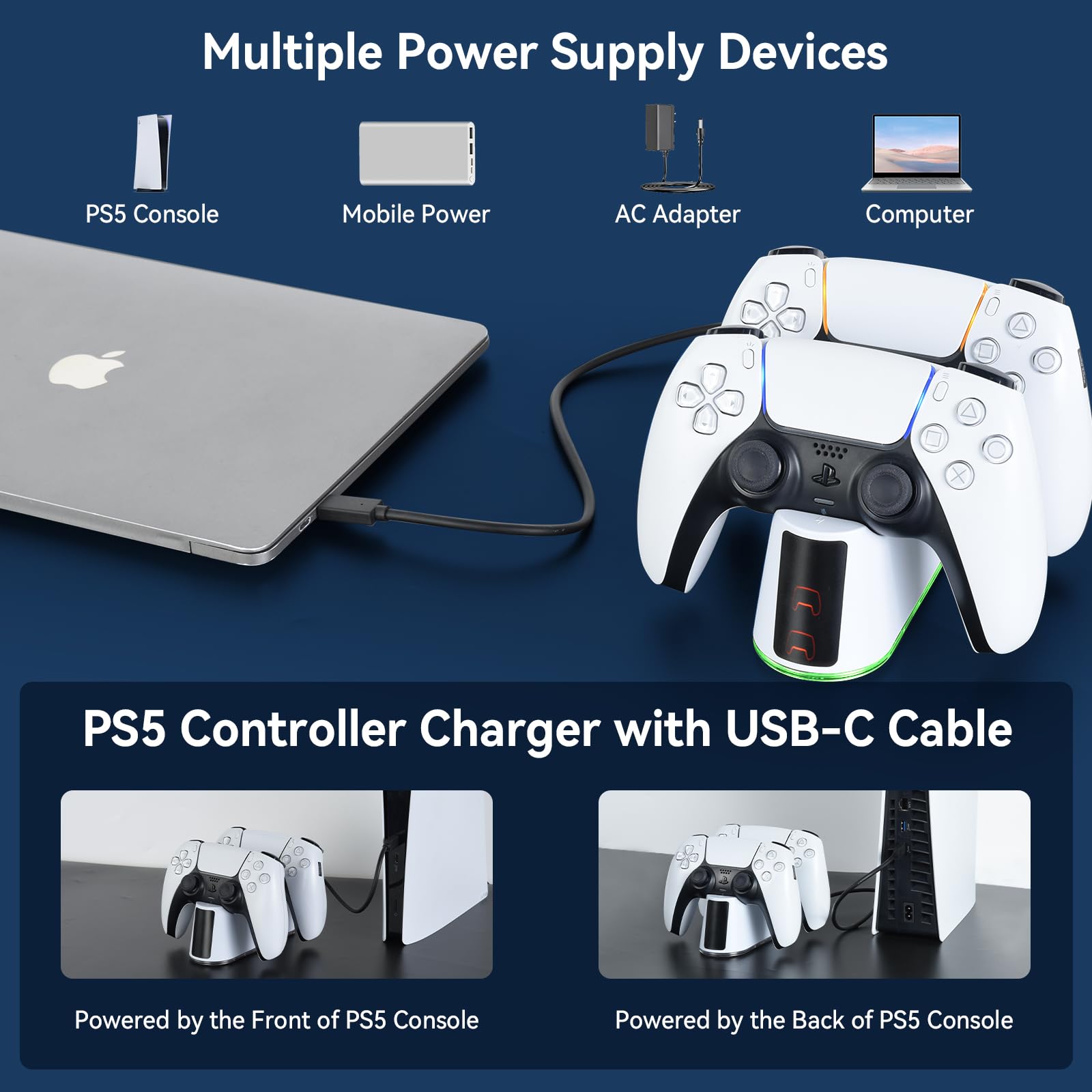 ELUTENG Stacja ładująca do kontrolera PS5 DualSense i Edge, RGB, akcesoria ze wskaźnikiem LED, ładowarka do kontrolera PlayStation 5 z 2-godzinnym czasem ładowania