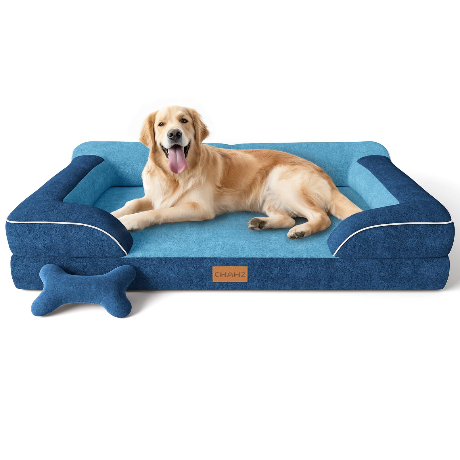 Extra Large Dog Bed, Orthopedic Dog Bed with Cooling Gel Memory Foam, Waterproof XL Pet Bed with Removable Washable Cover, 42" Pet Sofa Couch Dutch Velvet with Bone Toy, Navy Blue