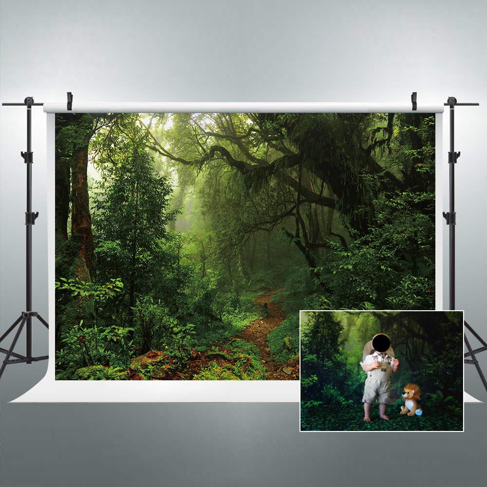Riyidecor Jungle Forest Backdrop Fabric Polyester Spring Enchanted Nature Trees Rainforest Dreamland Dirt Road Green Photography Background 7Wx5H Feet Decoration Props Party Photo Shoot Backdrop