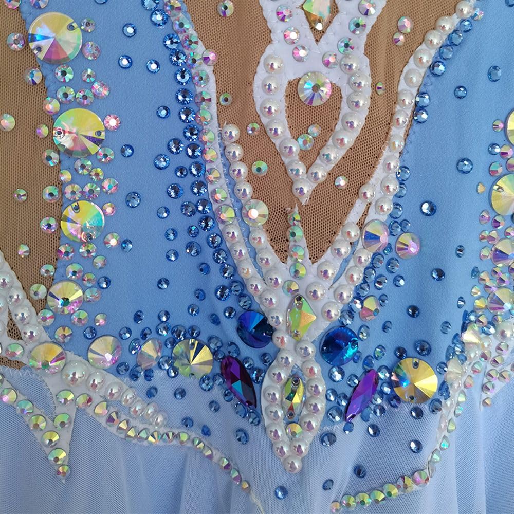 LIUHUO Maillot de gimnasia rítmica azul claro manga larga con diamantes rendimiento de competición