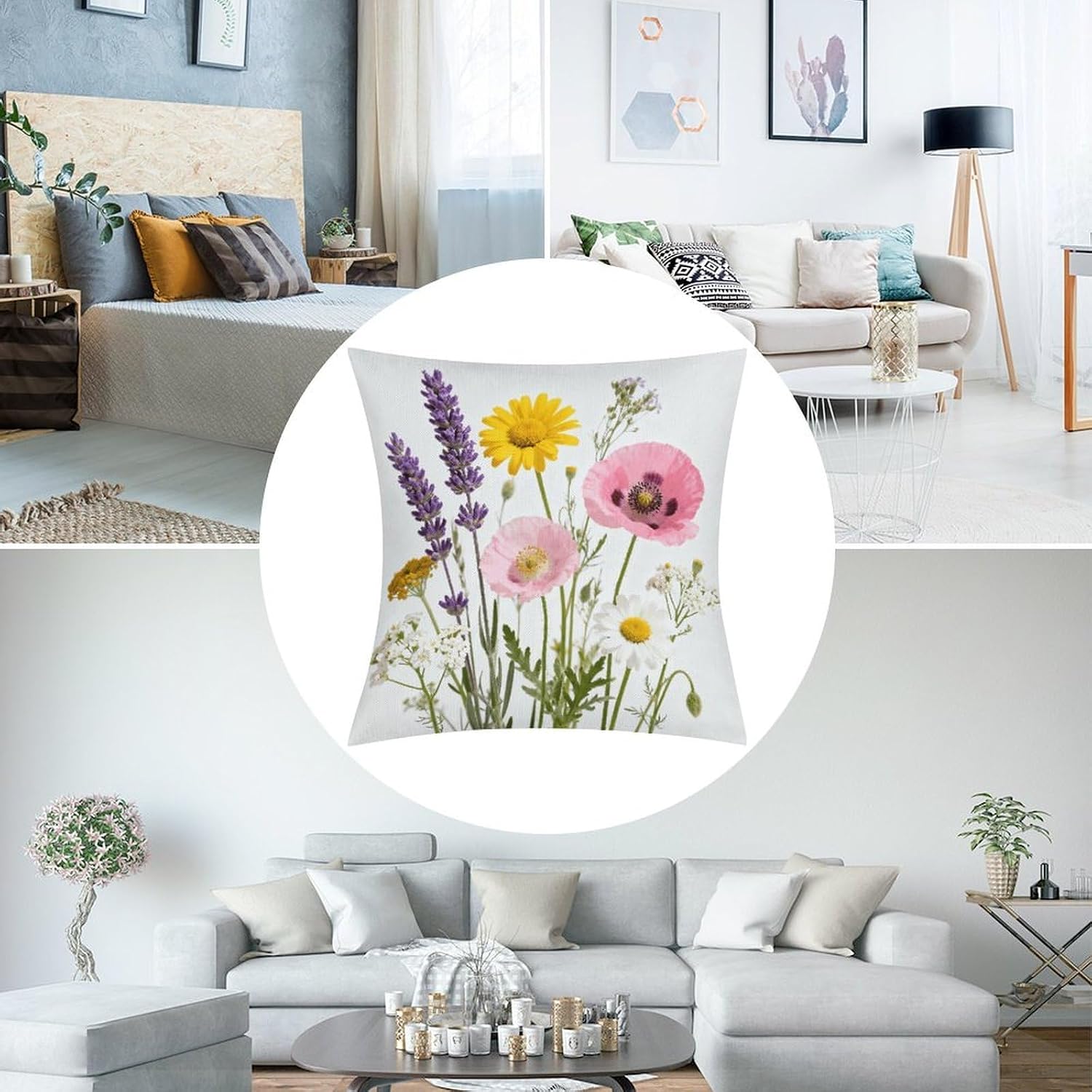 Beautiful Wild Flowers Floral Pillow Protectors Cute Waterproof Pillow Cover Soft Skin-Friendly Cushion Case Decorative Square Cushion Cover for Couch Sofa Bed Living Room Bedroom