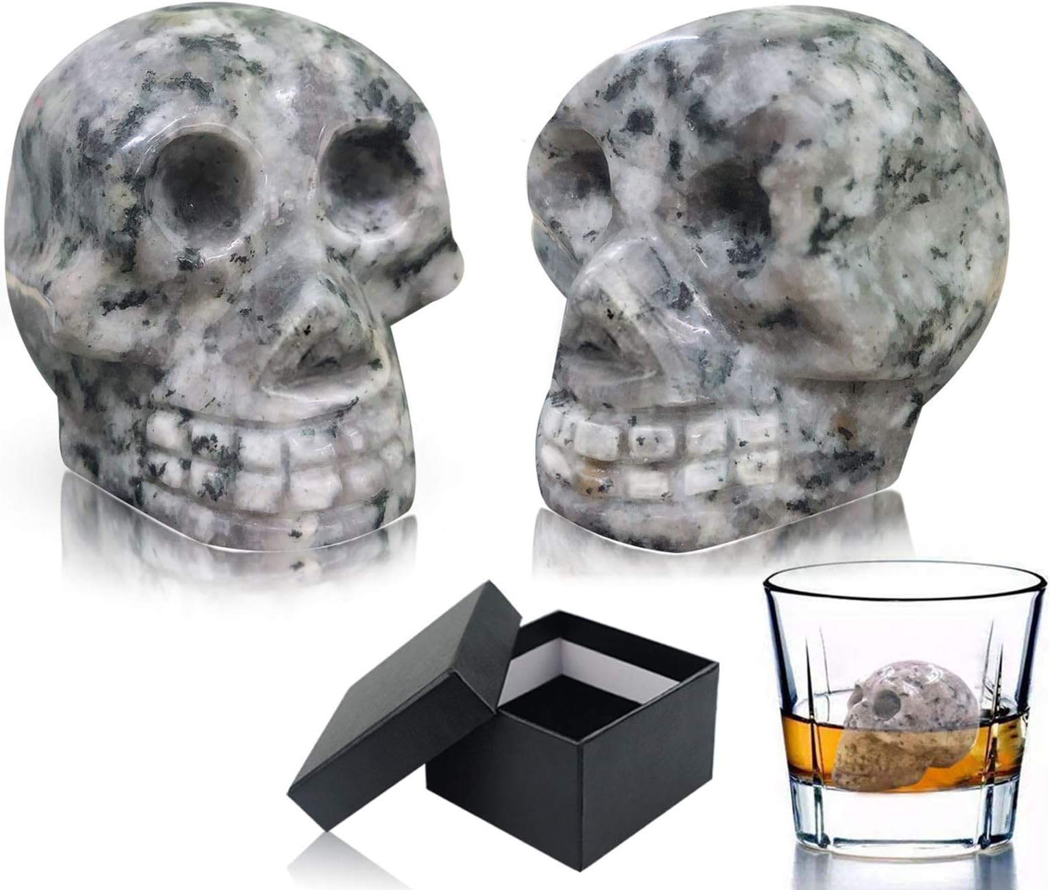 (2 Pack) Whiskey Stones - 100% Natural Pure Granite Skull Bone Chilling Rocks for Whiskey Scotch Vodka Beverage Wine Stones, Reusable Hand Carved Chill Stones with Gift Box