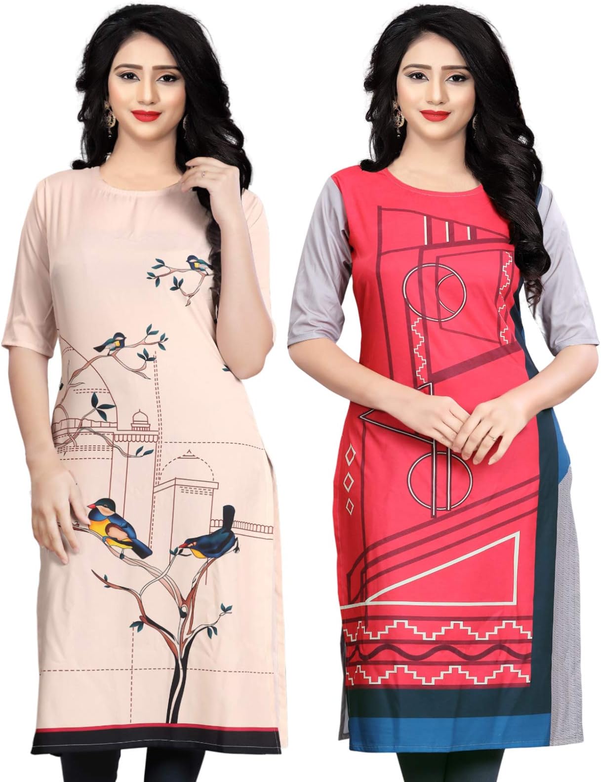 Navlik Women's Straight Crepe Stitched Kurta (Pack of 2) (FT-35-Small_Pink-2)
