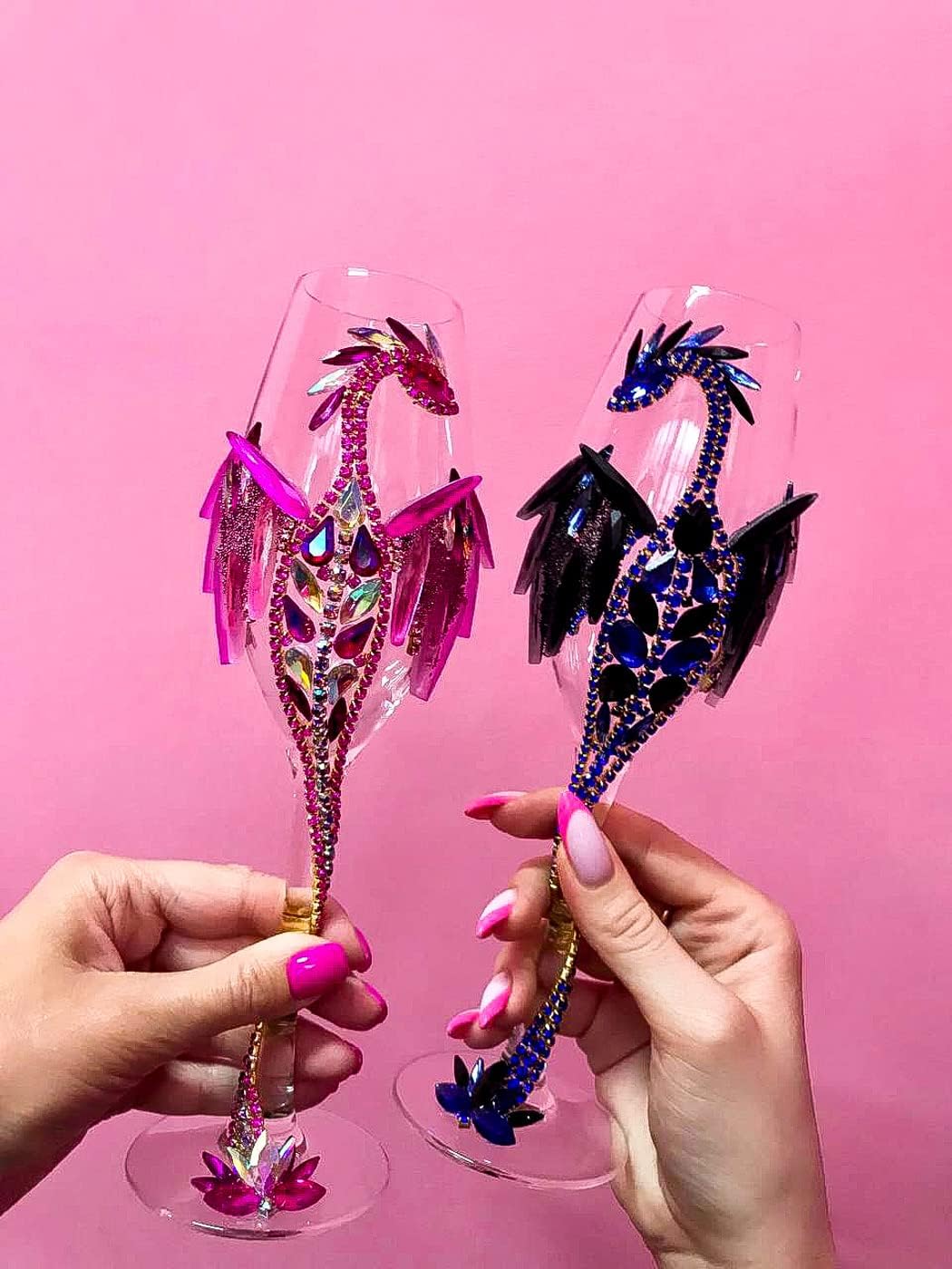 Fuchsia Pink and Royal Blue Wedding Glasses Dragons Set for Couple/Dragon Wedding Gifts