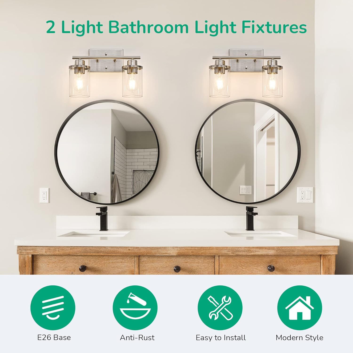 EDISHINE Vanity Light Fixtures, 2 Light Bathroom Vanity Light Fixtures Brushed Nickel, Modern Wall Sconces for Bathroom, Powder Room, Bedroom, Kitchen (E26 Base)