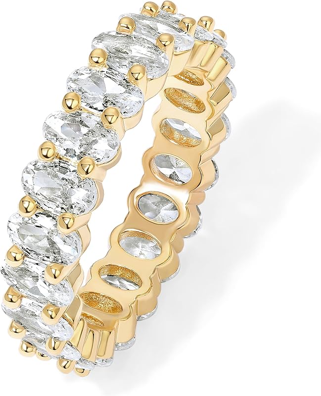 14K Gold Plated Eternity Ring for Women - Statement CZ Wedding Band | Stackable Band with Oval Cubic Zirconia - Love Engagement Trendy Bridal Jewelry