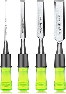 4 Pcs Wood Chisel Set for Woodworking. CR-V Steel Beveled Edge Blades with Safety Caps. Durable PVC High Impact Handle, for Precision Carving DIY Projects (1/4", 1/2", 3/4", 1")