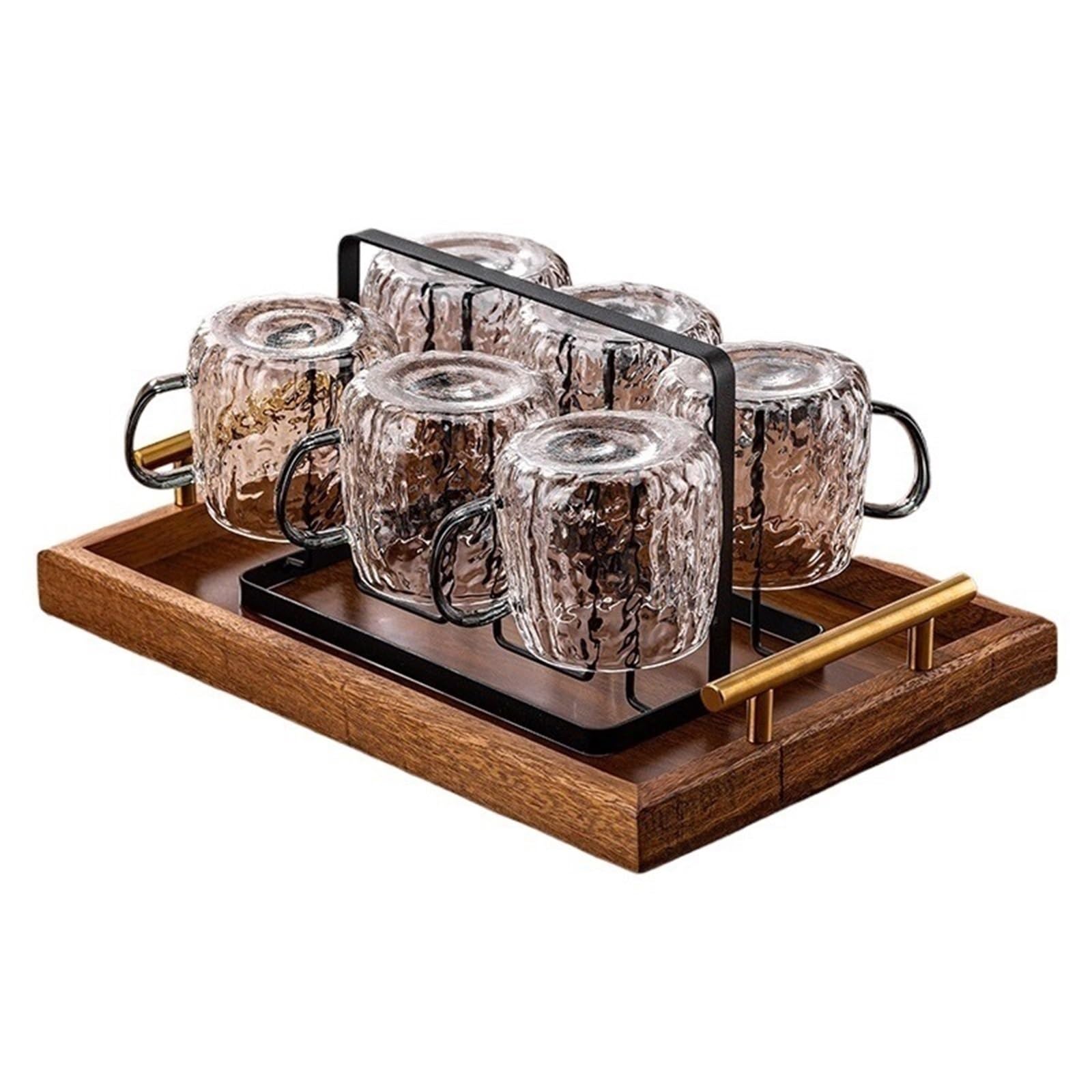 Drinkware Glacier Texture Drinking Glasses Set with Black Metal Cup Holder and Walnut Tray with Handles for Home