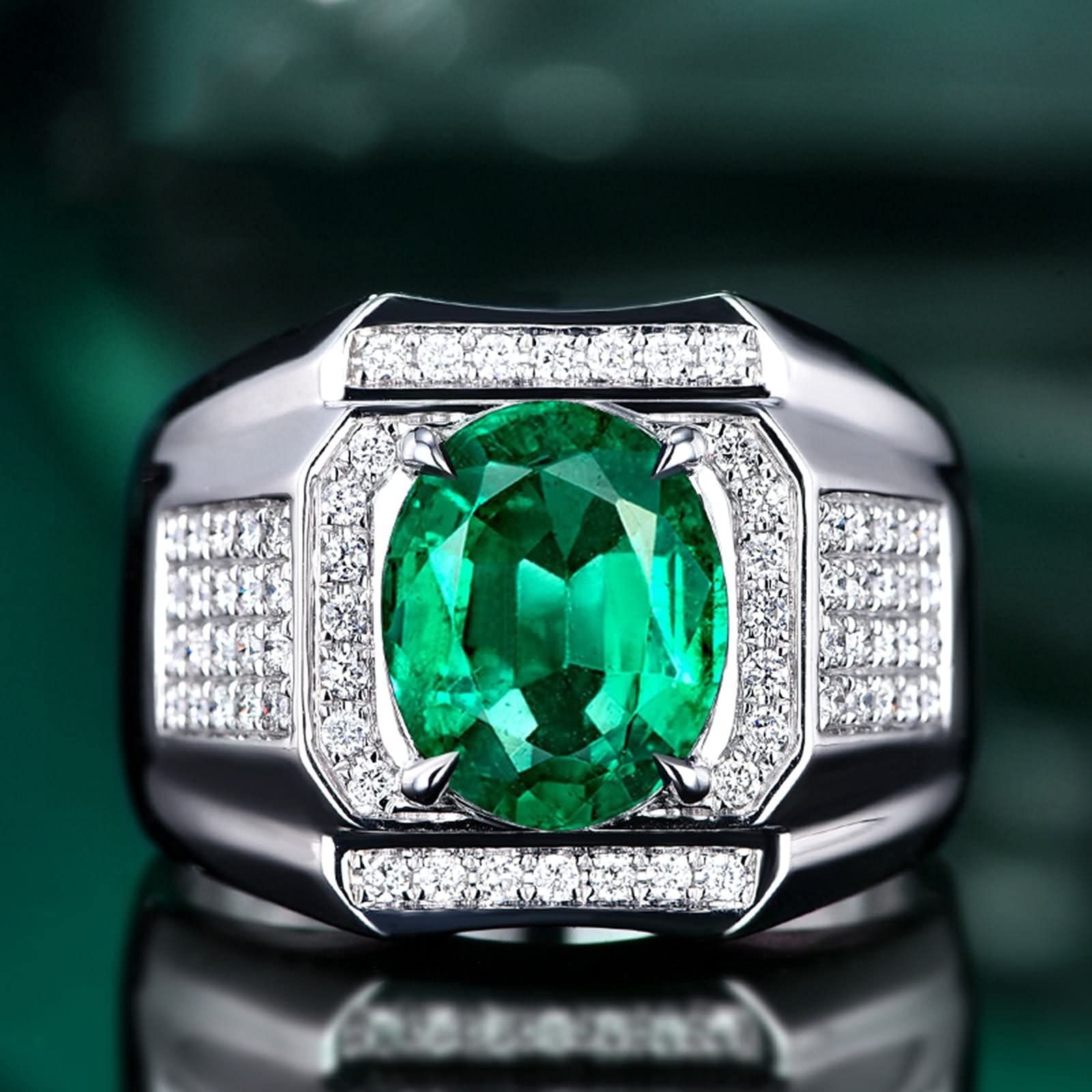 Ring Männer Gold, Ring aus 18 Karat Gold/925 Sterling Silber Breit Oval Lab Schuf Smaragd 3ct