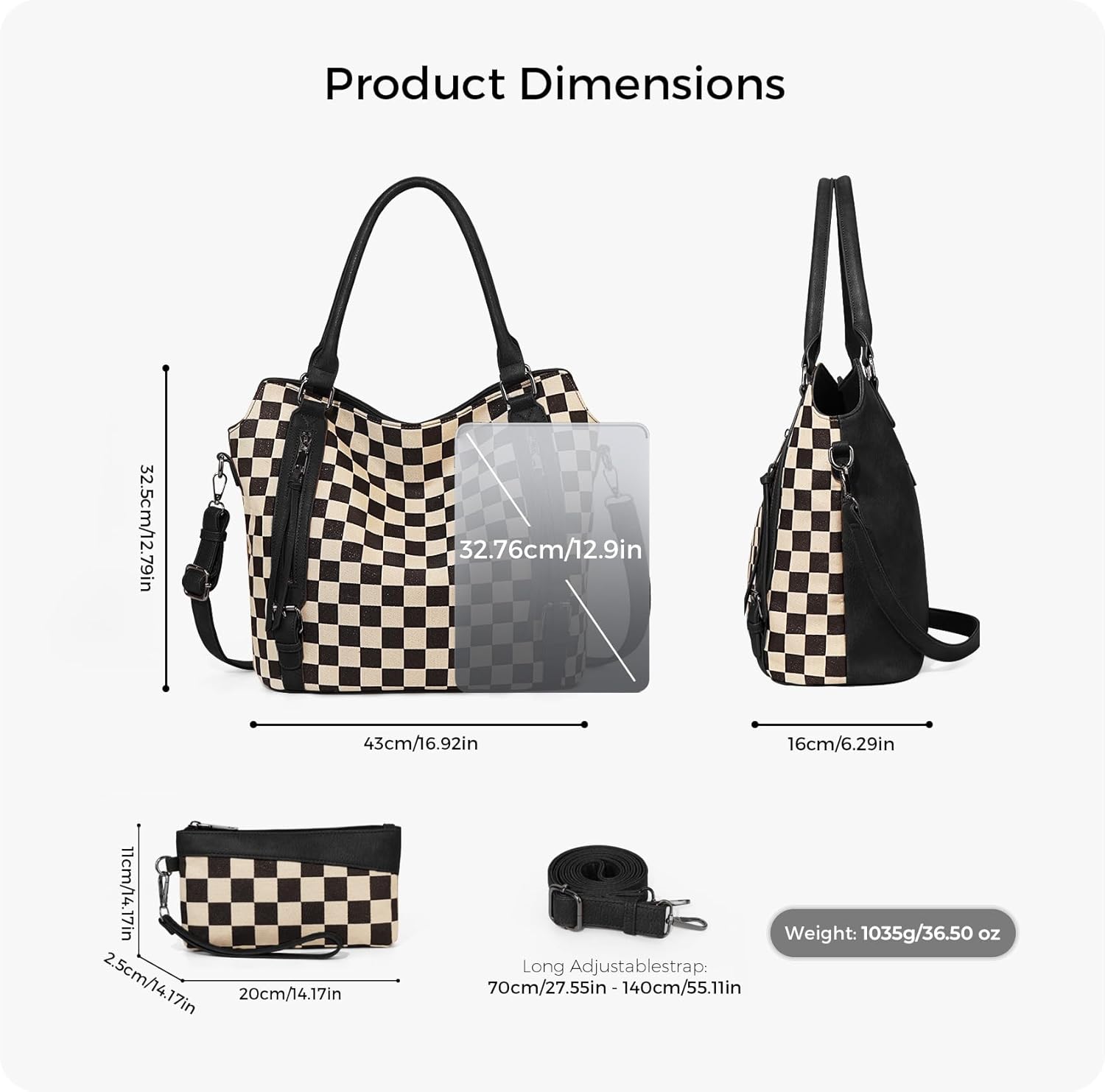 Checkered Large Hobo Purses for Women Vintage Tote Bag for Women Shoulder Bag Multiple Pockets Tote Handbags - Image 6