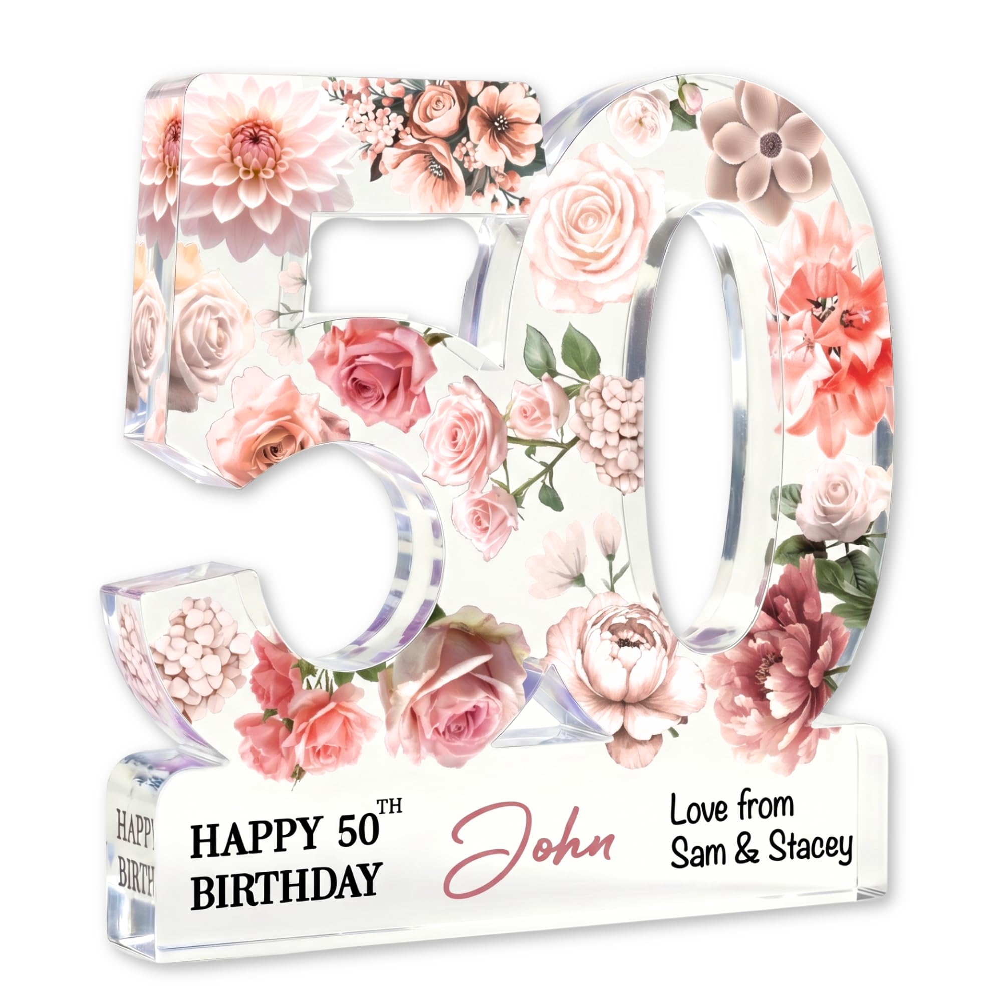 MyKeepsy Personalised 50th Birthday Plaque – Custom Name & Message Acrylic Keepsake, Floral 50 Decoration Gift for Women & Men, Available in 6 Colours (Blush Pink)