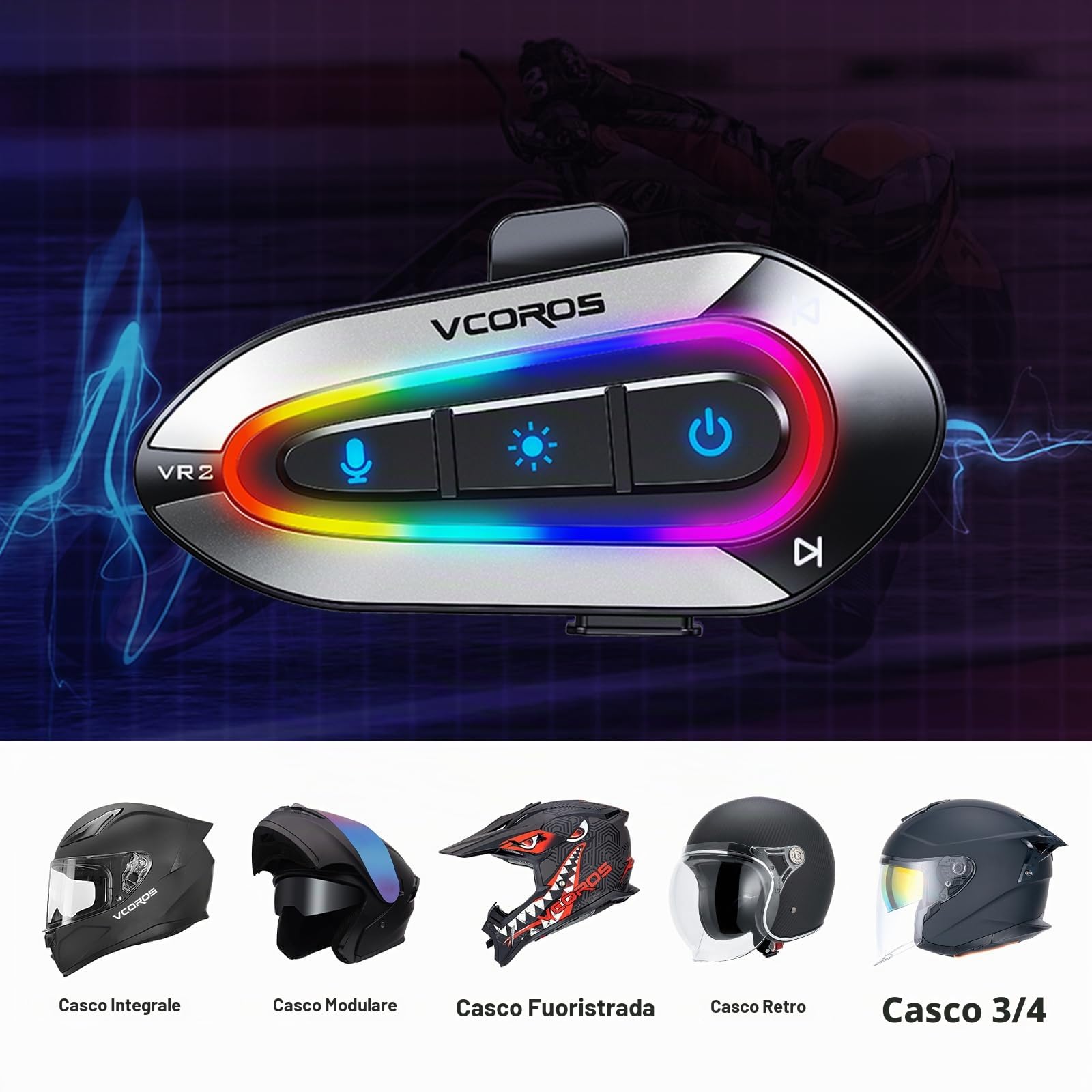 Casco Moto Auricolare,VR2 Casco Moto Bluetooth Auricolare per Singola, IPX6 Impermeabile,Modalità luce RGB,5.3 Cuffie Bluetooth per Moto,Auricolari Moto per Vivavoce AI Voice Control,Controllo Musica