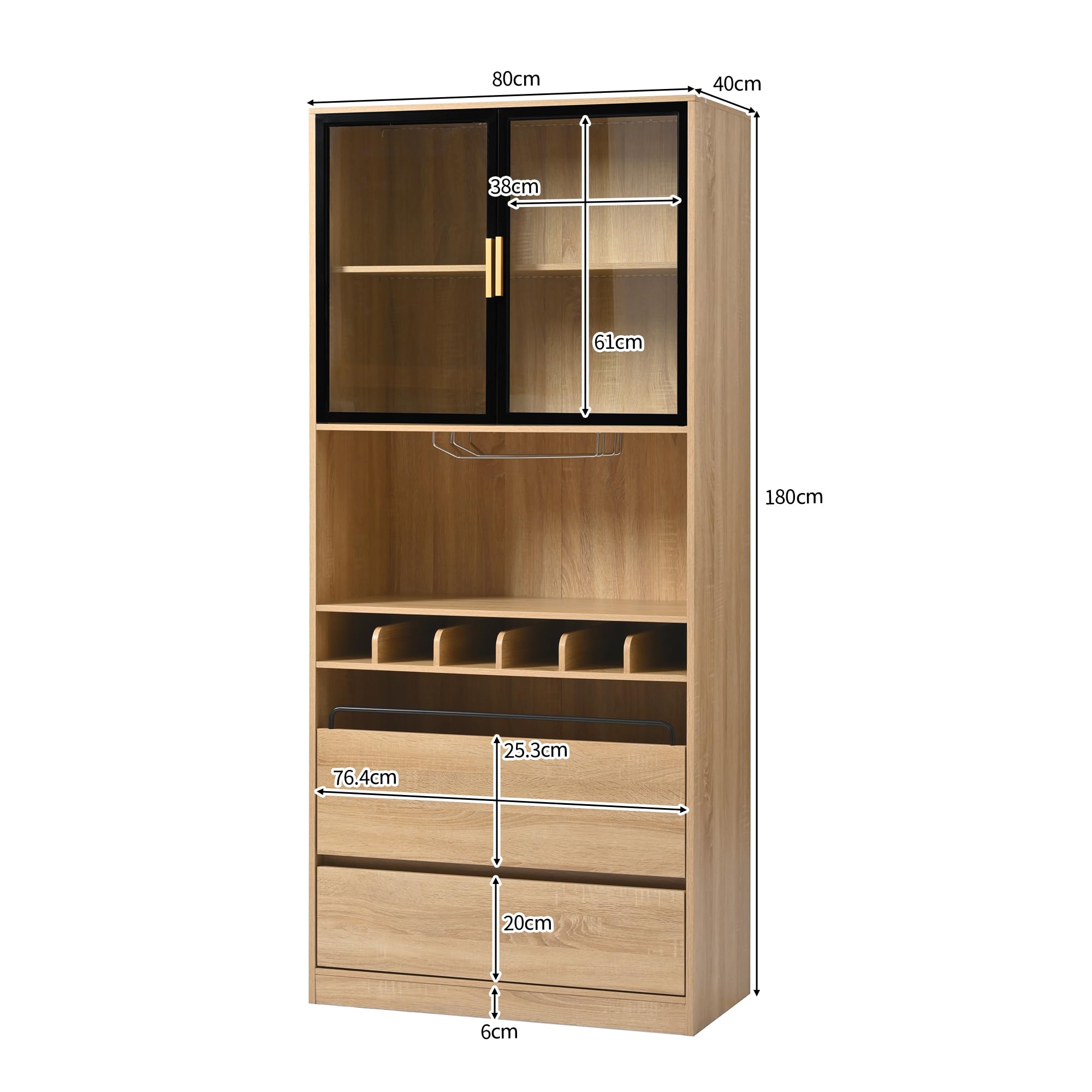 Armoire vitrine multifonction portes vitrées éclairage LED télécommande infrarouge minuterie étagères ouvertes support verres amovible casiers bouteilles tiroirs occultants rangement (Naturelle)