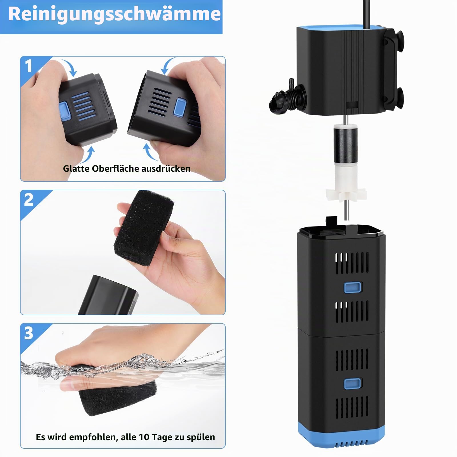 fishkeeper Aquarium Filter, Adjustable 500L/H Aquarium innenfilter für 30L-120L Aquarien, 4-in-1 Aquarium Pumpe mit Filter, Sauerstoff, Wavemaker, Filterschwamm (6W(500L/H,≤120L))