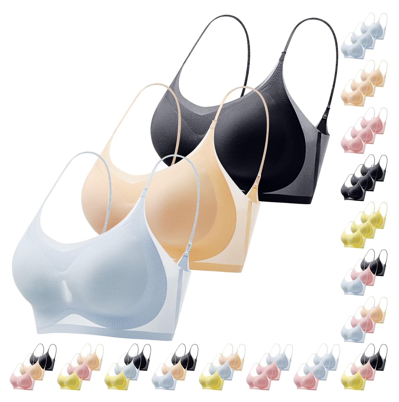 Lot de 3 Soutiens Gorge Femme sans Armature, Soie Glacée Légère d'Été, Dentelle Respirante Extra Fine Invisible à Bretelles Fines, Effet Push-Up Anti-Affaissement, Multiples Coloris