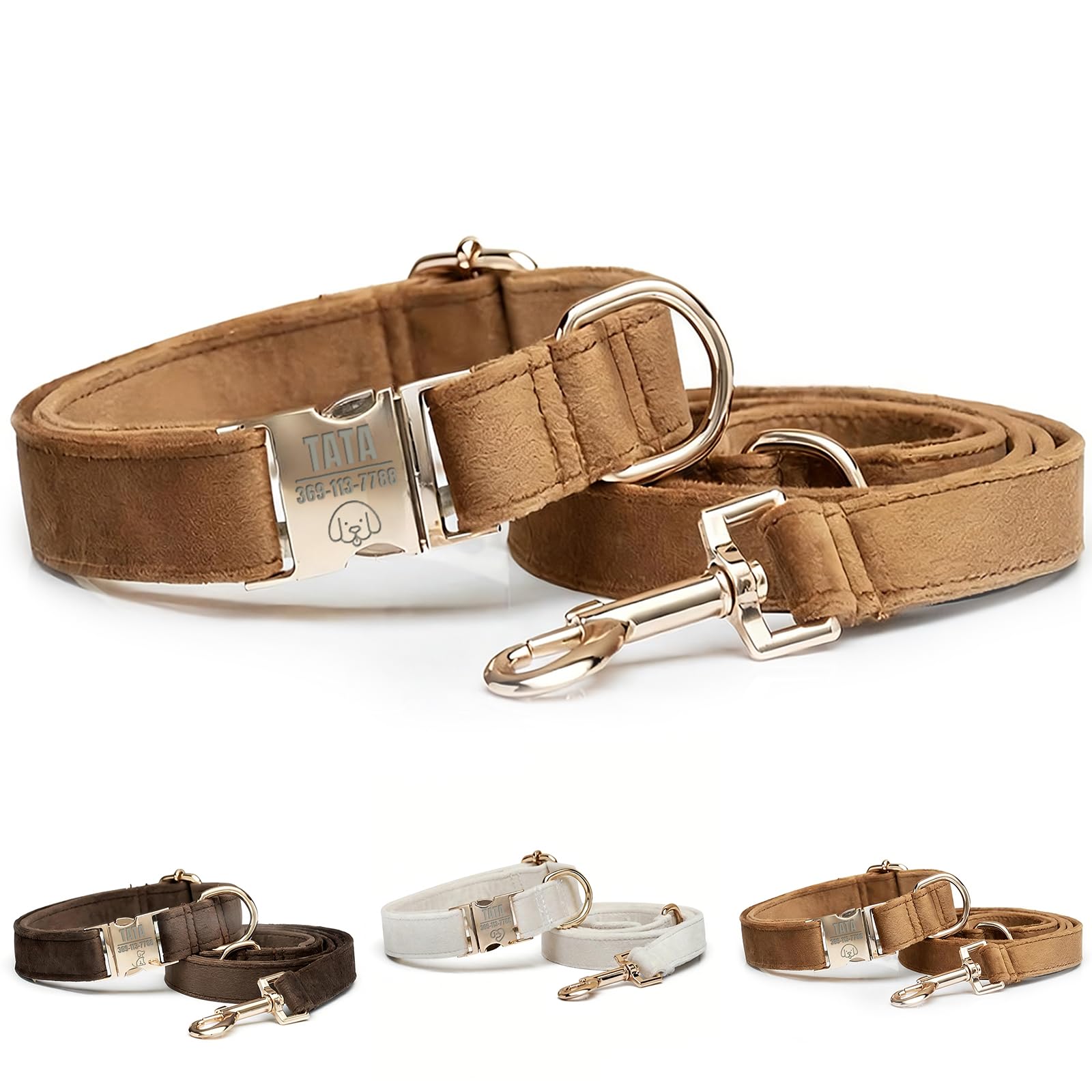 Personalised Dog Collar and Lead Set with Custom Name Tag & Pattern, Soft Velvet Adjustable Puppy Collar with Matching Leash, Engraved Pet ID Tags for Small Medium Large Dogs, (Brown, L)