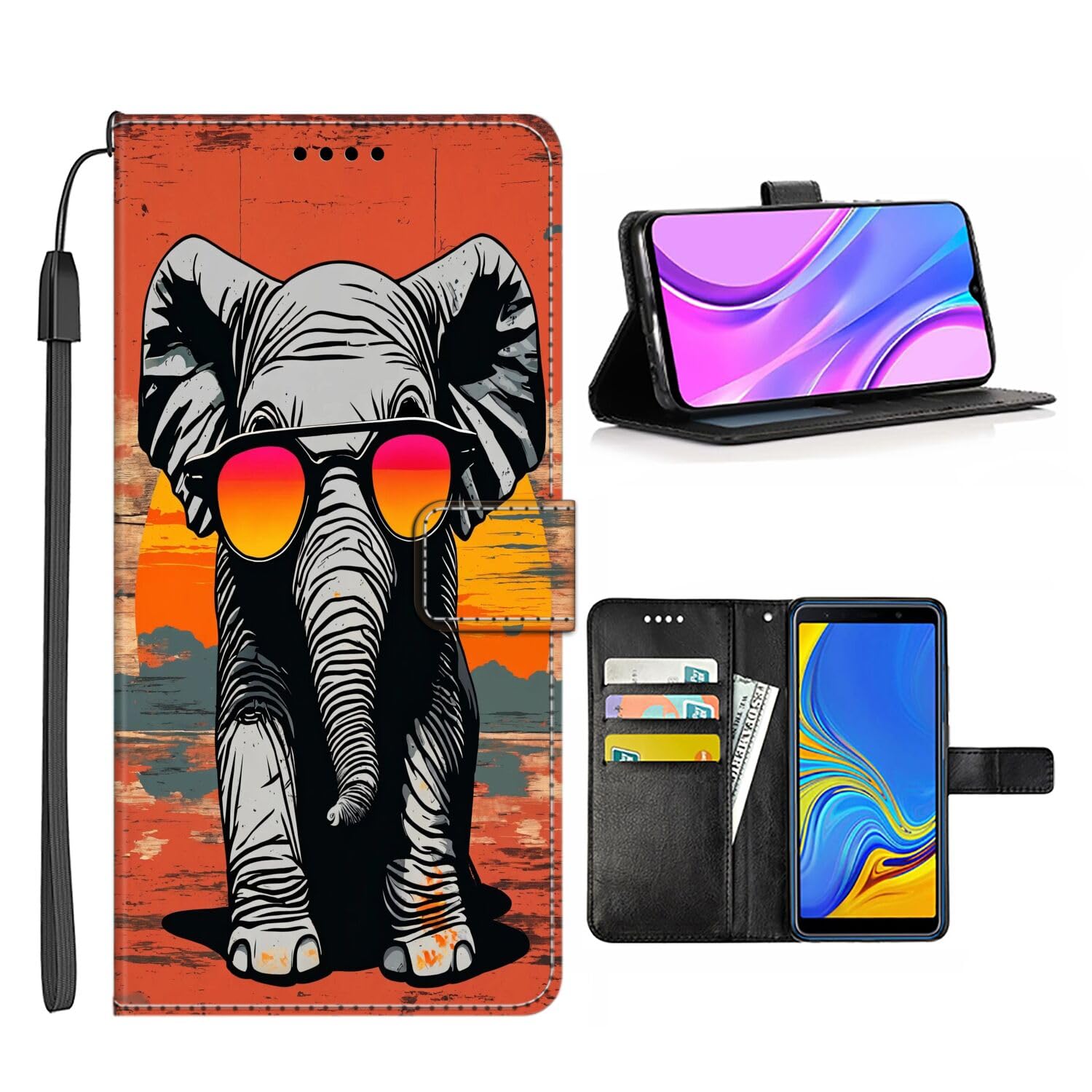 Wallet Case for iPhone 15 14 12 13 11 7 8 6s 6 Pro Max Plus mini XR X XS Max SE with Elephant-Bk117,Multifunction Folio Pocket