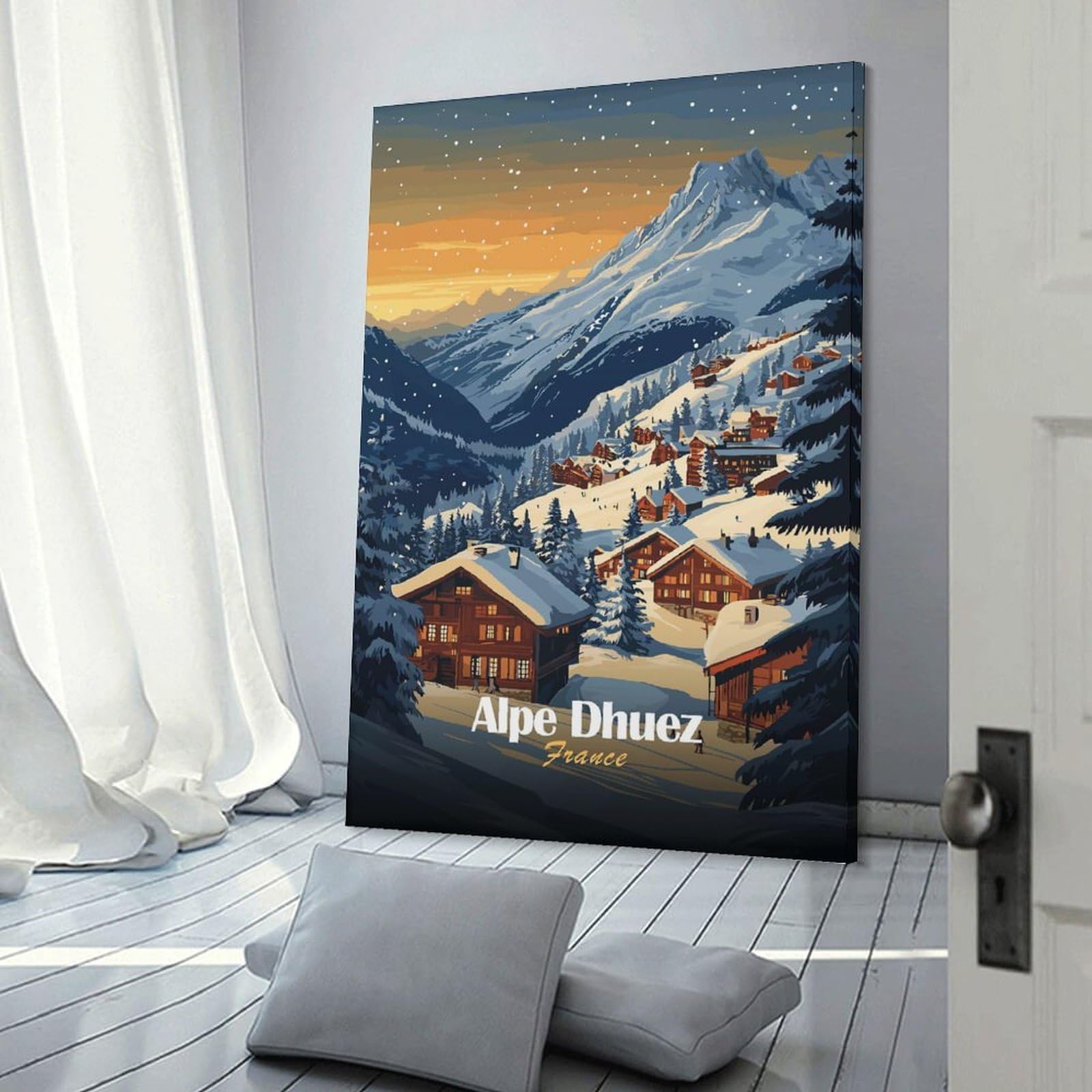 Junmoney Alpe Dhuez Ski Village Home Decor Wall Art, 20x30inch(50x75cm), for Bedroom, Lounge Or Dressing Area, Canvas Wall Decor for Personal Spaces