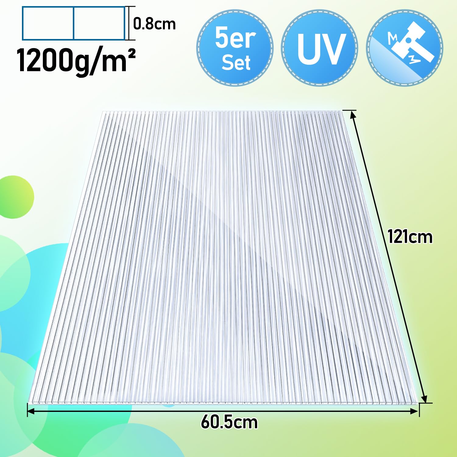 Gimisgu 5 lastre alveolari in policarbonato (60,5 x 121 cm), 8 mm, piastre doppie da 1,2 kg/m², per serra, giardino e serra