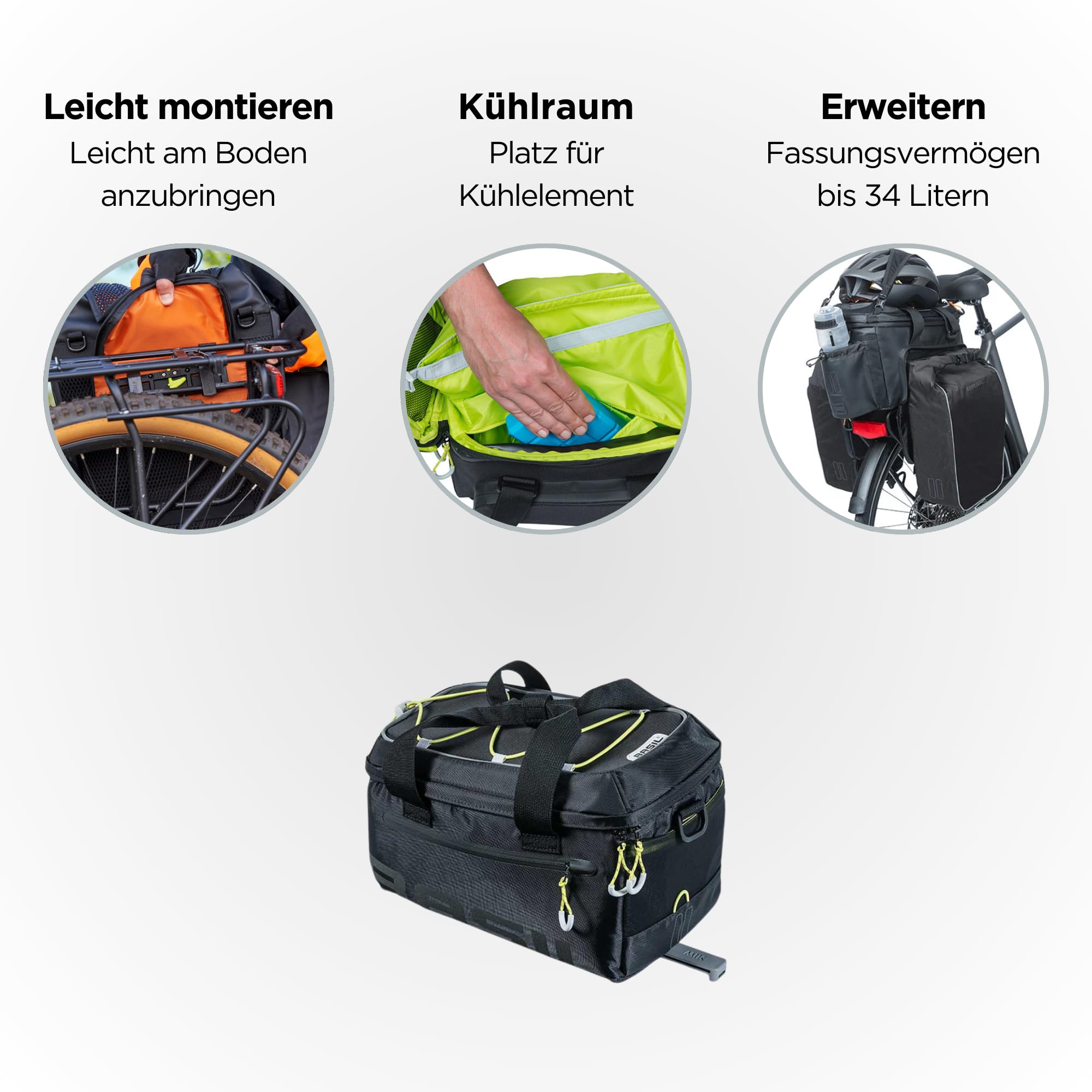 Basil Miles Gepäckträgertasche MIK - 7L - Wasserdicht, Inkl. abschließbarem MIK-System - Ideal für Pendeln und Outdoor - Schwarz/Lime