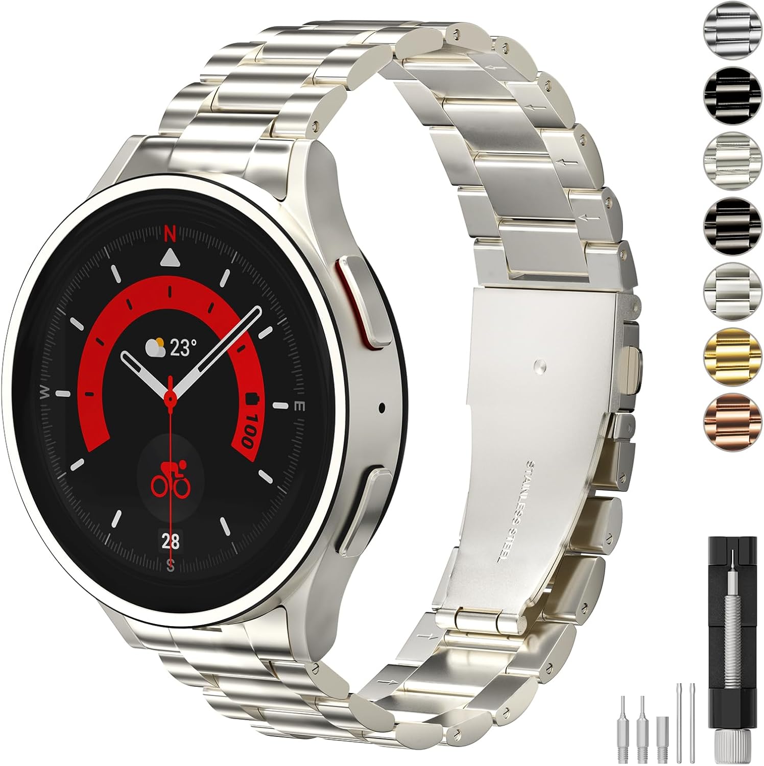 Stainless Steel Band Compatible with Samsung Galaxy Watch 7 6 5 4 FE Pro Classic 40mm 44mm 43mm 47mm 45mm 42mm 46mm, 20mm Metal Elegant Casual No Gap Strap for Women Men