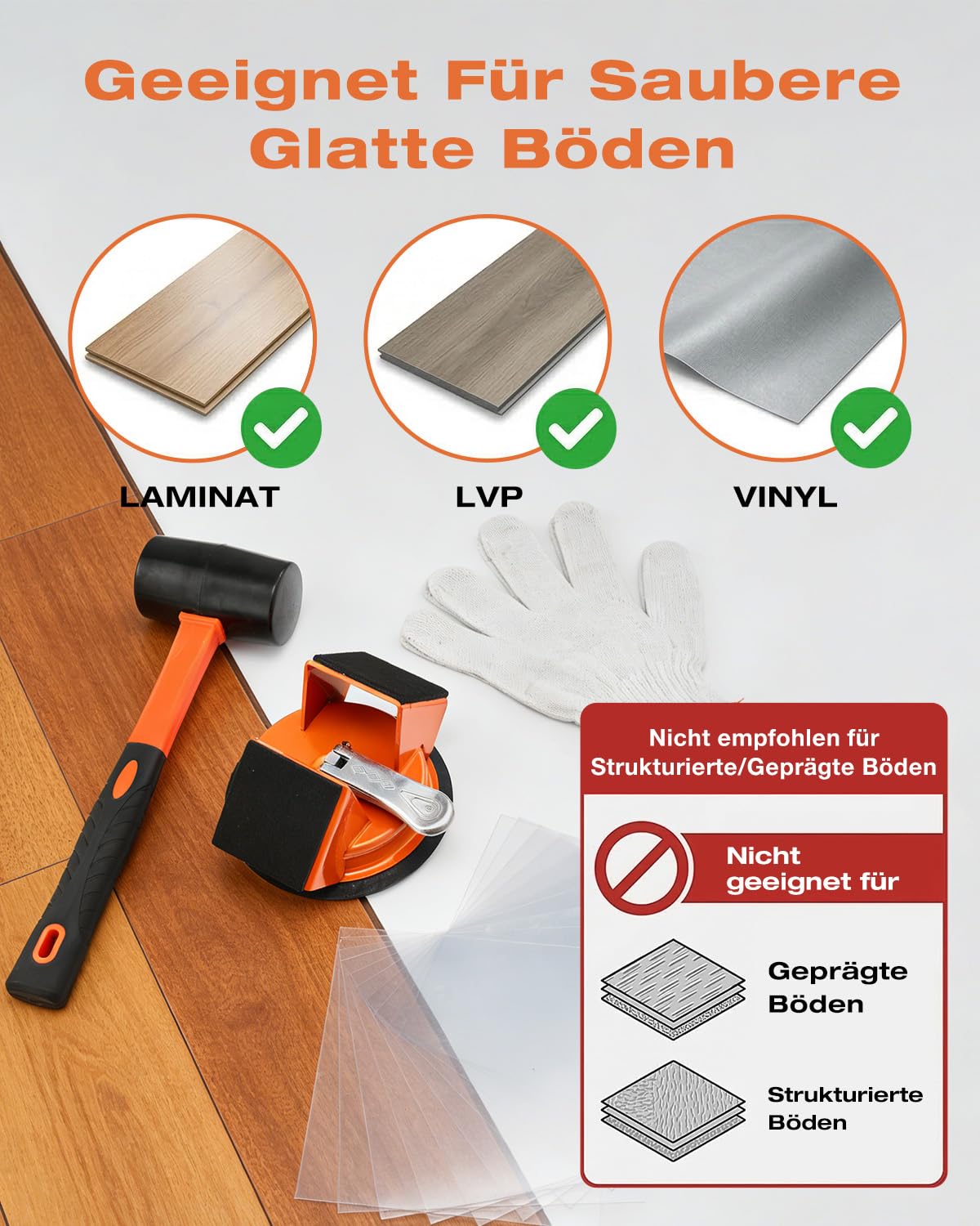 Saker Laminat Verlegeset mit Saugnapf & Schlagfunktion, Laminat Reparaturset für Bodenfugen, Bodenlücken schließen Werkzeug für Laminat & Vinyl, Flooring Installation(Single Saugtasche + Gummi Mallet)