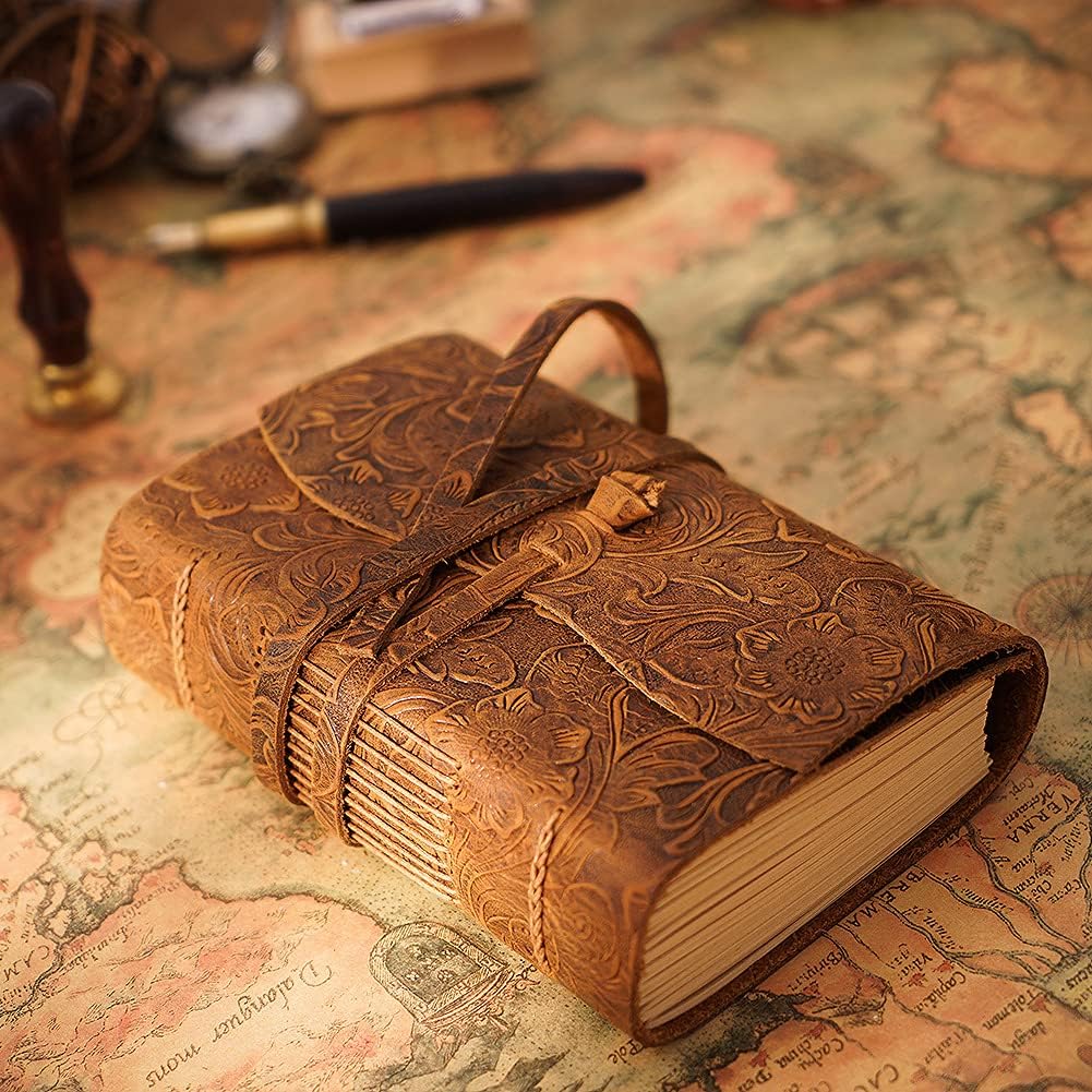Aceshop Vintage Leather Diary Notebook with 400 Pages with Unlined White Paper, Leather Strap Closure and Classic Embossed Design for Men and Women