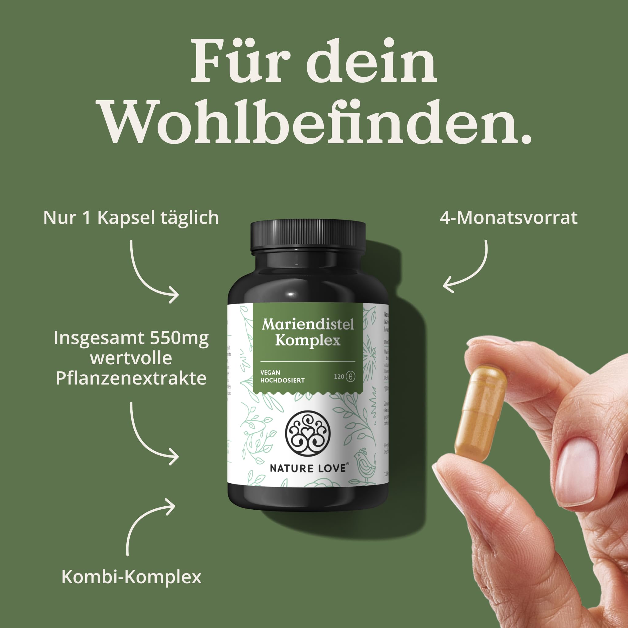 NATURE LOVE® Mariendistel, Artischockenextrakt, Löwenzahn & Desmodium 4-fach Komplex - 120 vegane Kapseln - Hochdosiert mit 80% Silymarin - Laborgerprüft, hochdosiert, in Deutschland produziert