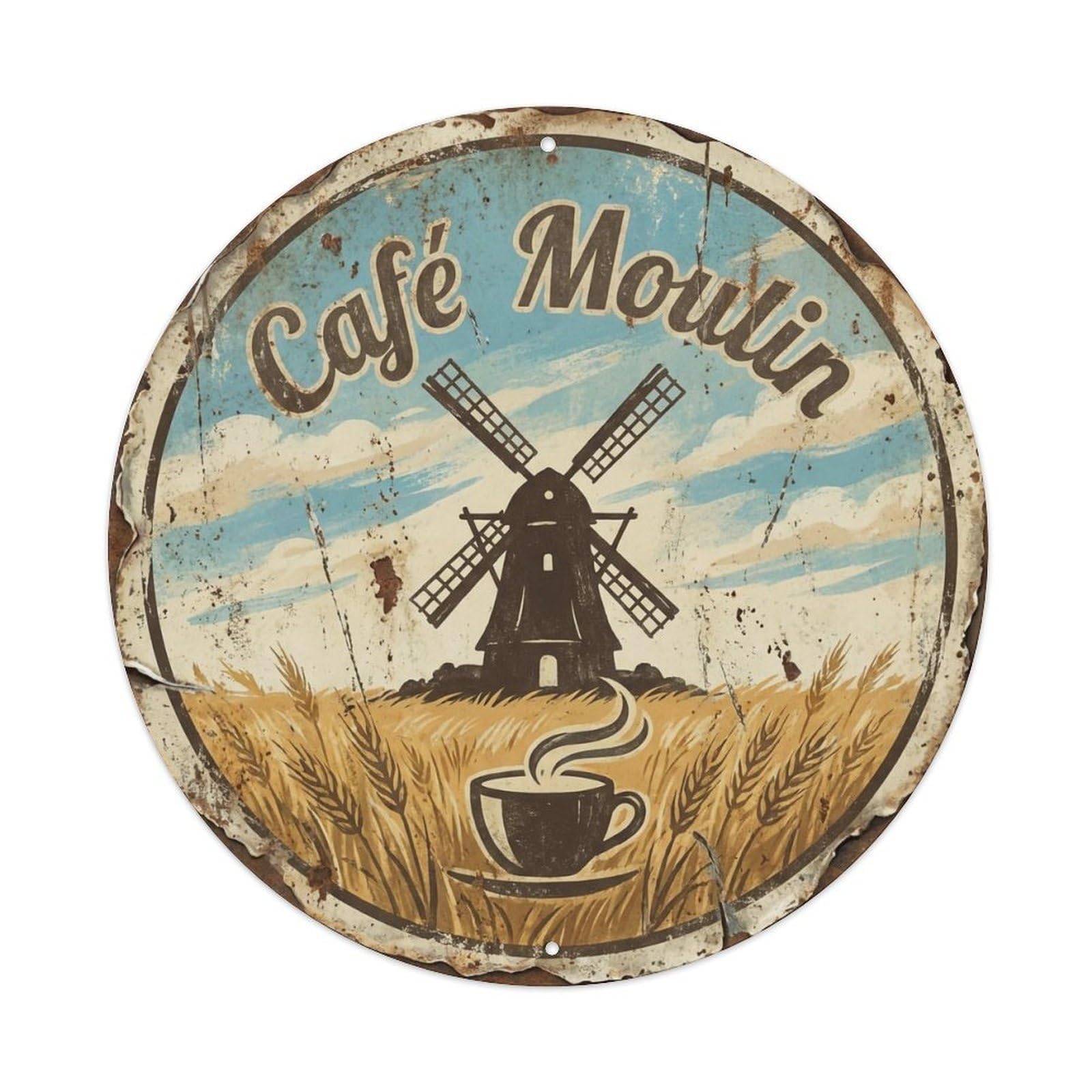 Windmill Countryside Bistro Cafe Metal Tin Sign Plaque Wall Decor for Cafe, Club, Garden Round Metal Poster 8x8Inch