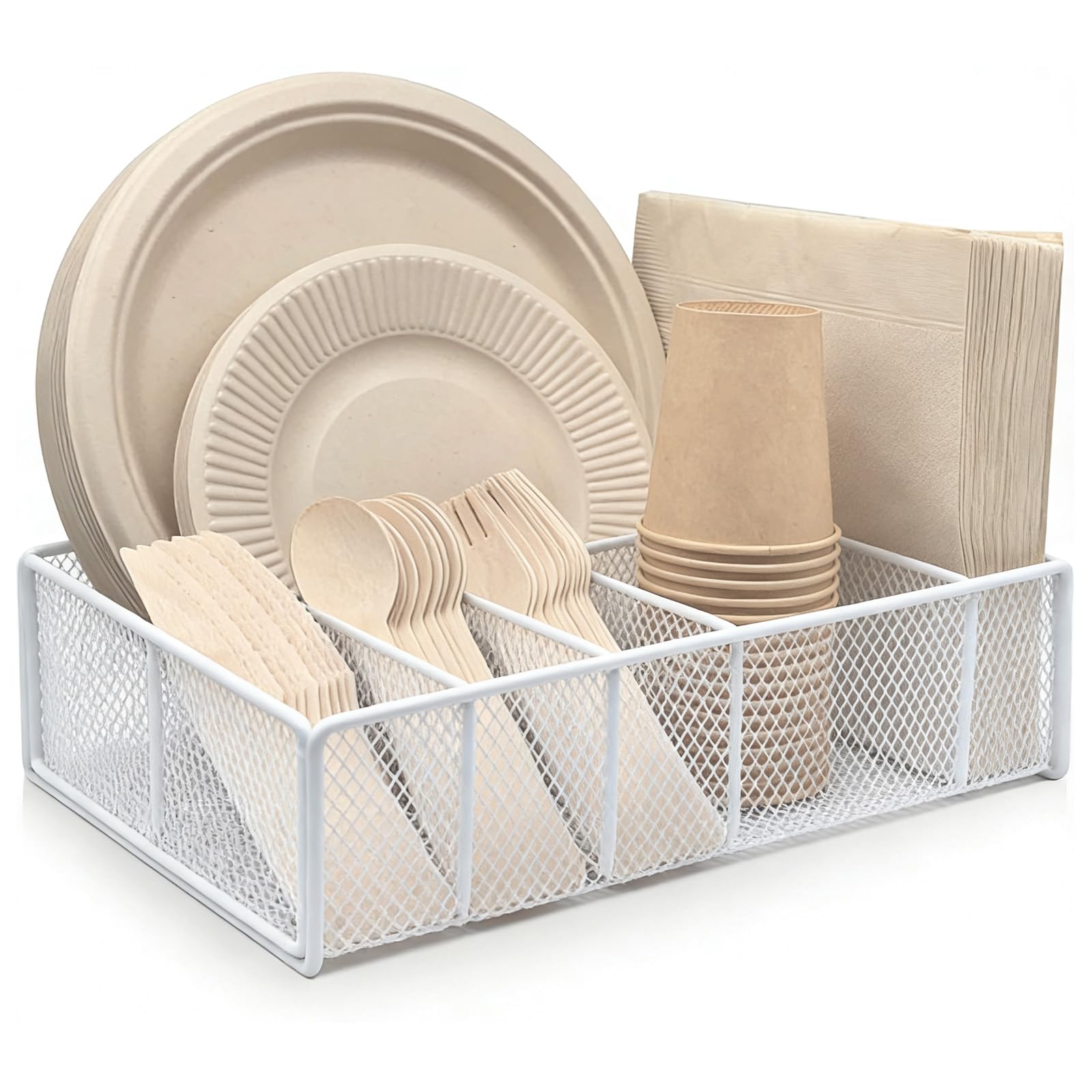 DysanVica Dispensador de platos de papel de metal, soporte para utensilios para encimera de cocina, organizador de cubiertos, caja de almacenamiento para cuchara, tenedor, platos, servilletas, tazas,