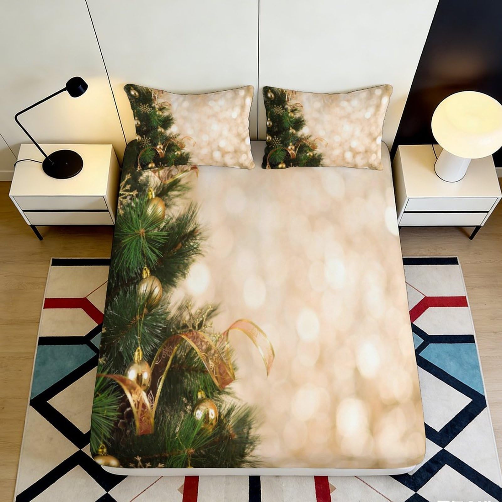 Pnayamiorkfel Style-9 3D Printed Christmas Tree Ornaments Fitted Sheet Microfiber Soft Gold Ribbon Bed Cover For Bedroom Guest Room Decor 90X200x25cm