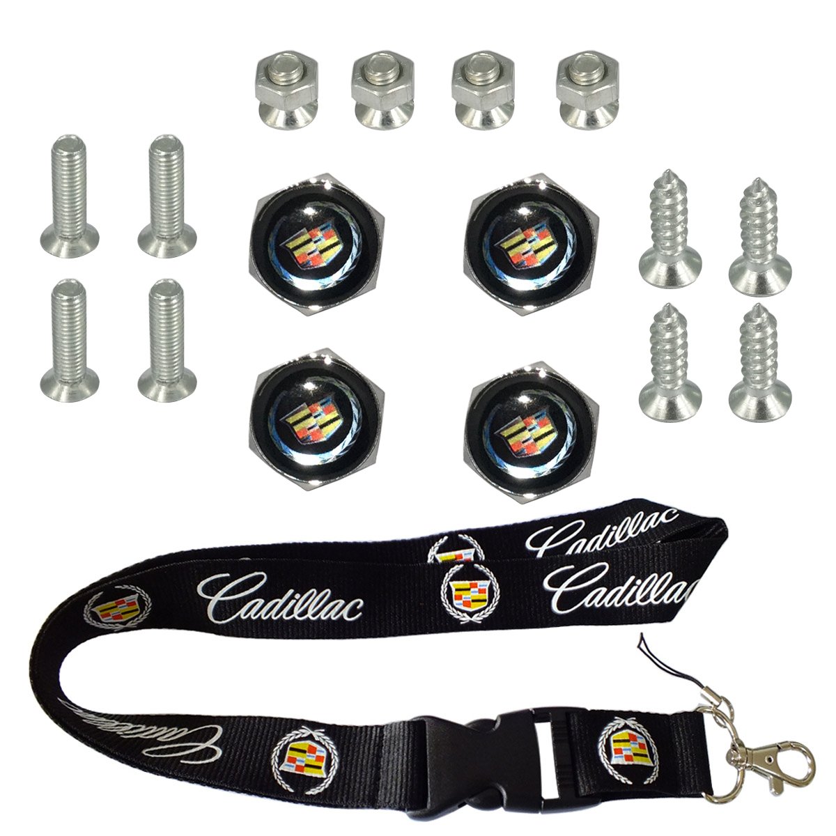 T'Nb New 1pcs Cadillac Keychain Lanyard Badge Holder + 4pcs Set Auto Car Parts License Plate Frame Screw Bolt Caps Covers Fit for Cadillac