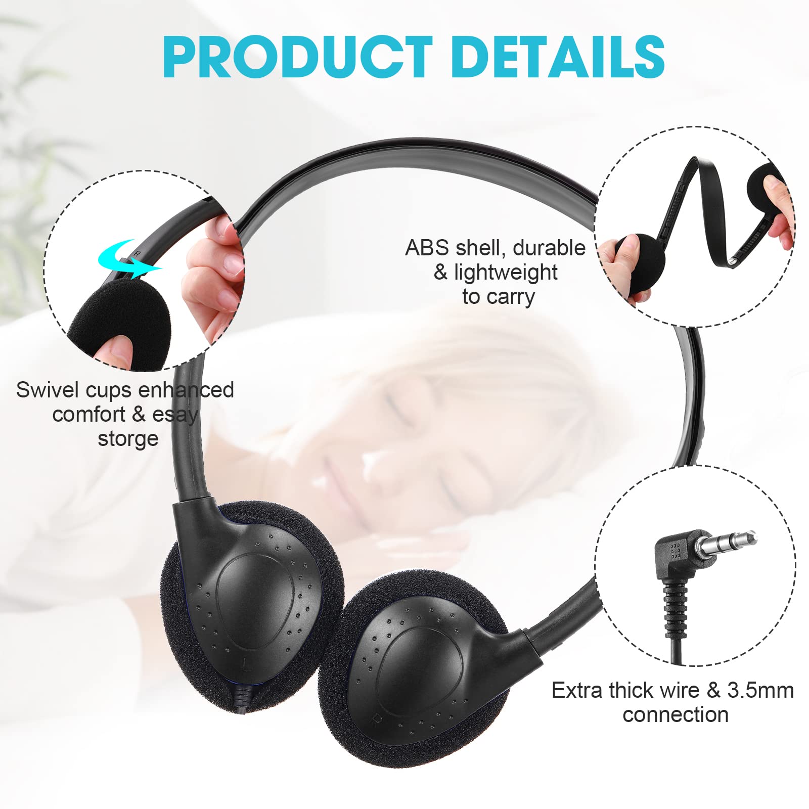 Konohan 30 Stück Kopfhörer Bulk für Kinder Klassenzimmer Schüler Kopfhörer für Schule Klasse Set Einstellbare On-Ear-Kopfhörer Draht-Kopfhörer mit 3,5-mm-Klinkenstecker Schwarz