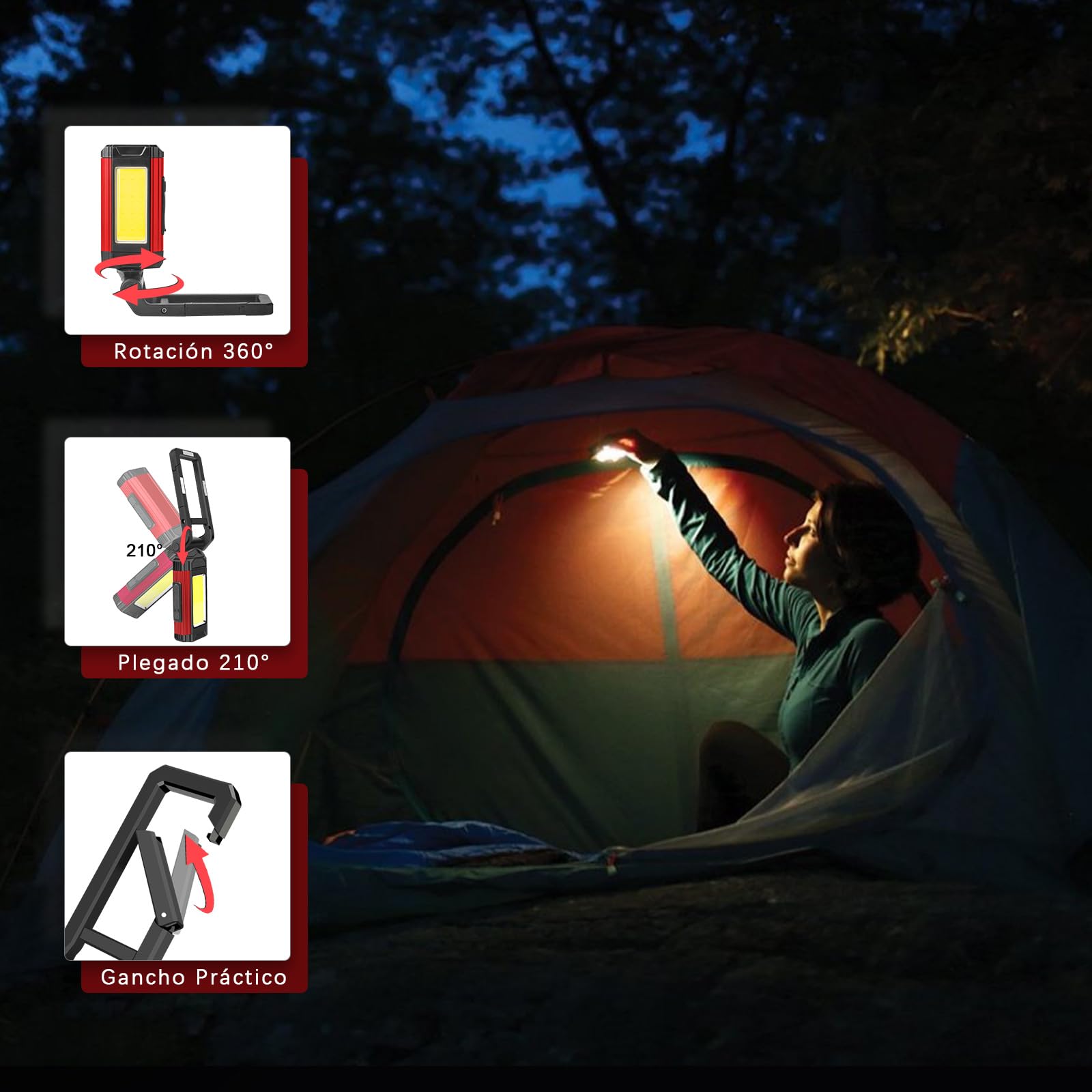 SPORWAY Linterna de Trabajo Led Recargable, Luz Portatil Taller Lampara de Trabajor Banco Energía Linterna Mecanico USB con Base Magnético y Gancho para Hogar, Automóviles, Camping, Emergencia