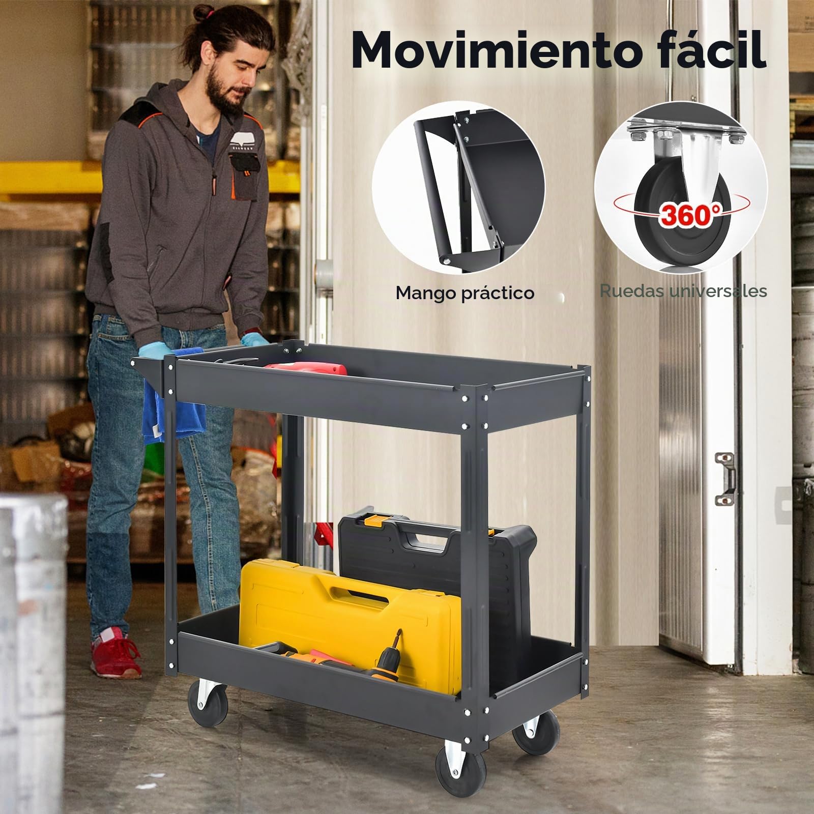GOPLUS carro de Herramientas Multifuncional de 2 Niveles, Metal, Carga 50 kg por Nivel, Asa, Taller, Garaje, Cocina, Jardín (Negro)