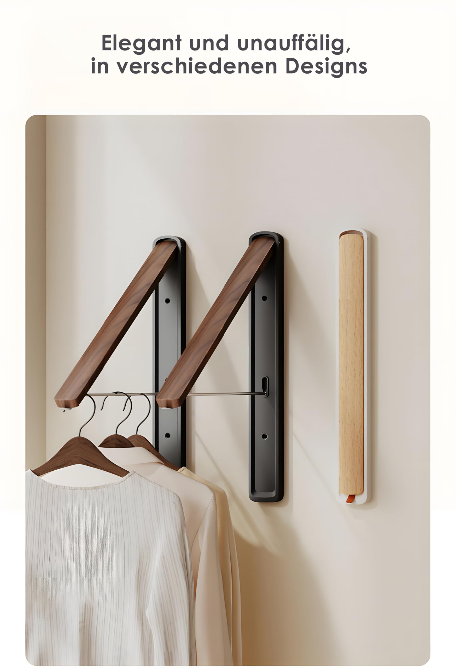 Klappbare Kleiderstange Wandmontage Aluminium – Ausziehbare Garderobe Kleiderhaken, Platzsparend, Modernes Design in Walnuss-Optik oder Buche-Optik (Weiß)