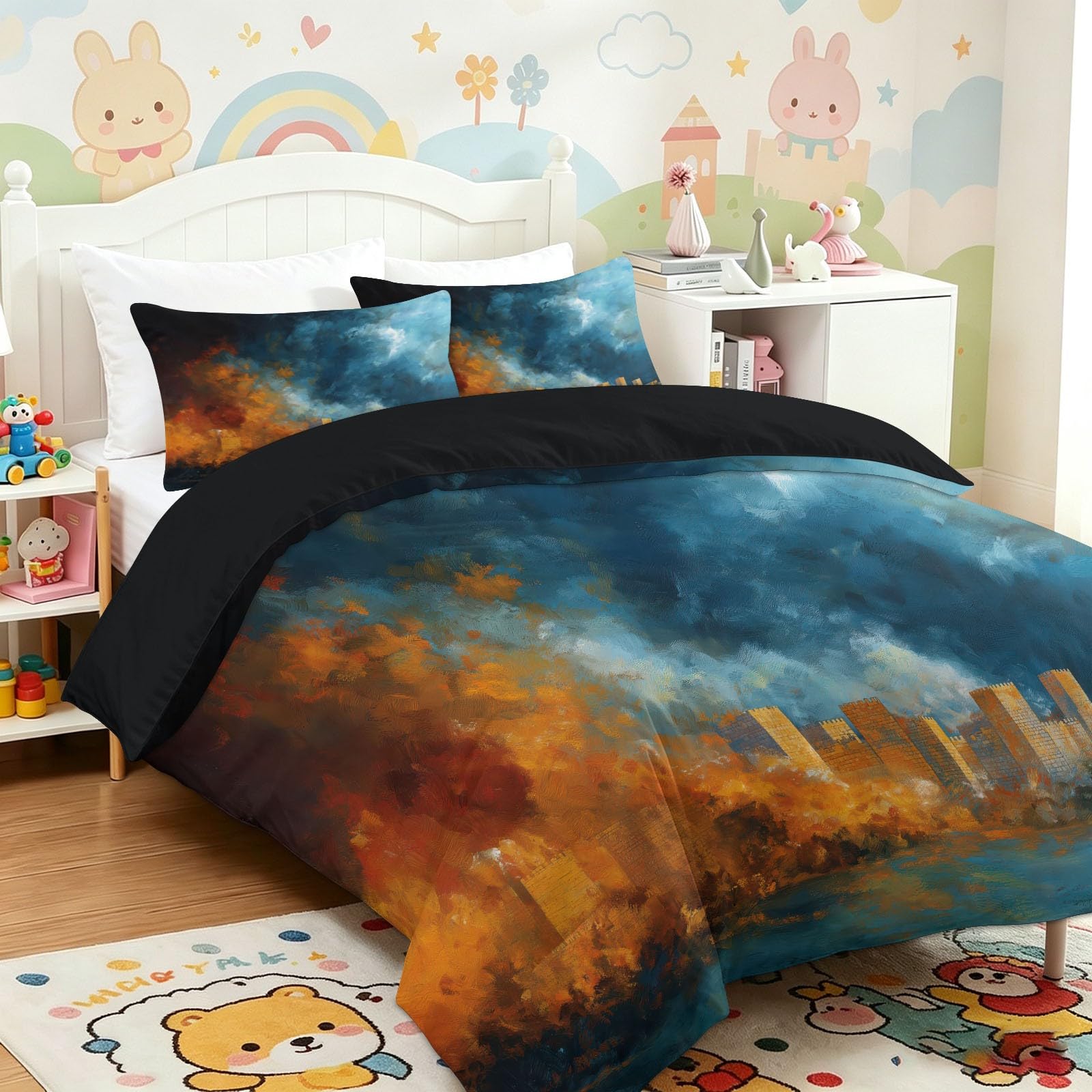 Generisch Pościel z mikrofibry, dwustronna, 200 x 200 cm, z nadrukiem, dla dzieci i dorosłych, z tasiemkami narożnymi, mur miejski, ogień, dym