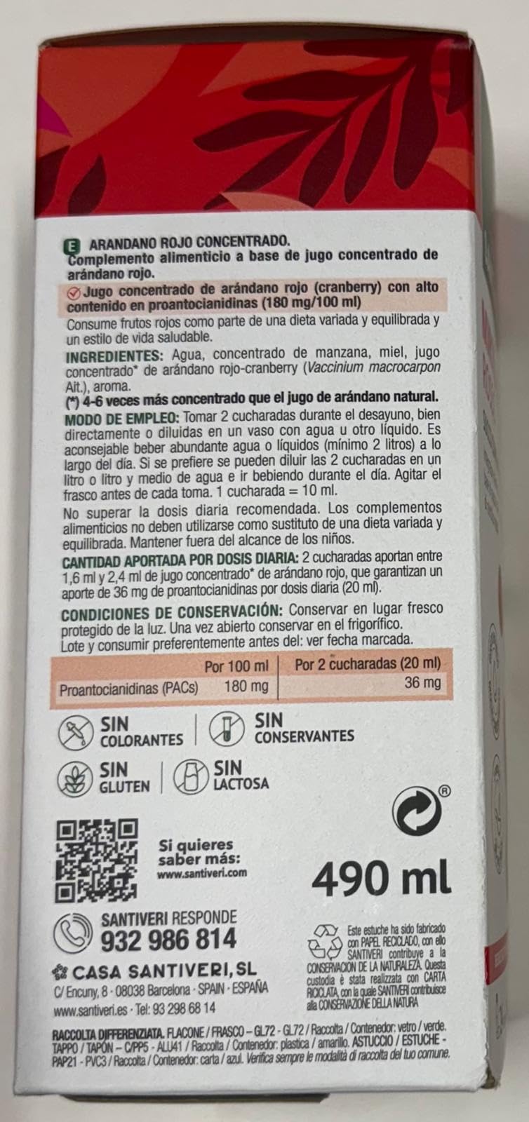 Mirtillo rosso concentrato Santiveri, 490 ml