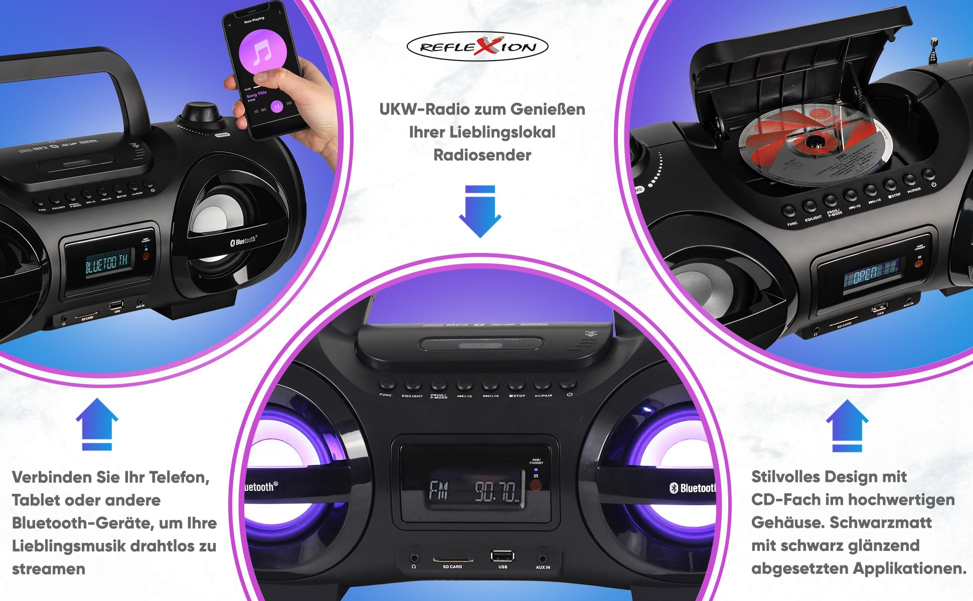 Reflexion CDR900BT Ghetto-Blaster FM AUX, Bluetooth, CD, SD, FM, USB Noir