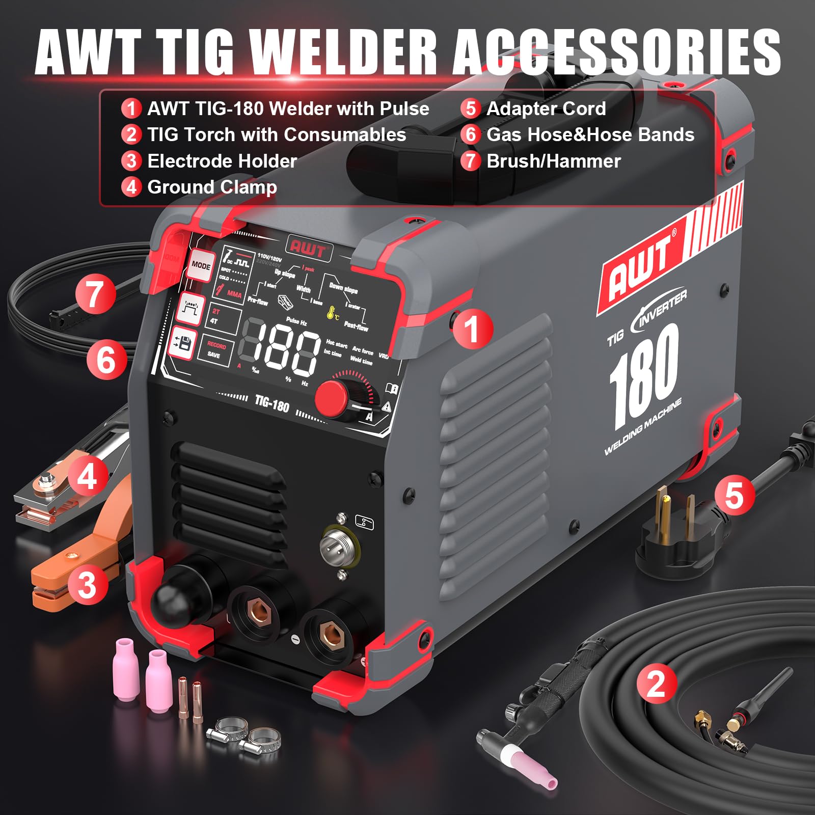 AWT TIG Welder 180Amp with DC Pulse,Cold TIG Welder with Large LED