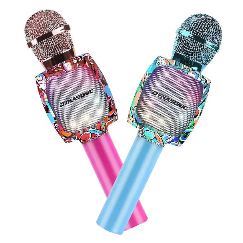 DYNASONIC Microfono per karaoke Bluetooth, giocattoli per bambini e bambine, microfono senza fili, portatile, con luci LED per bambini, regali originali per bambini (Pack 2 microfoni), Multicolore