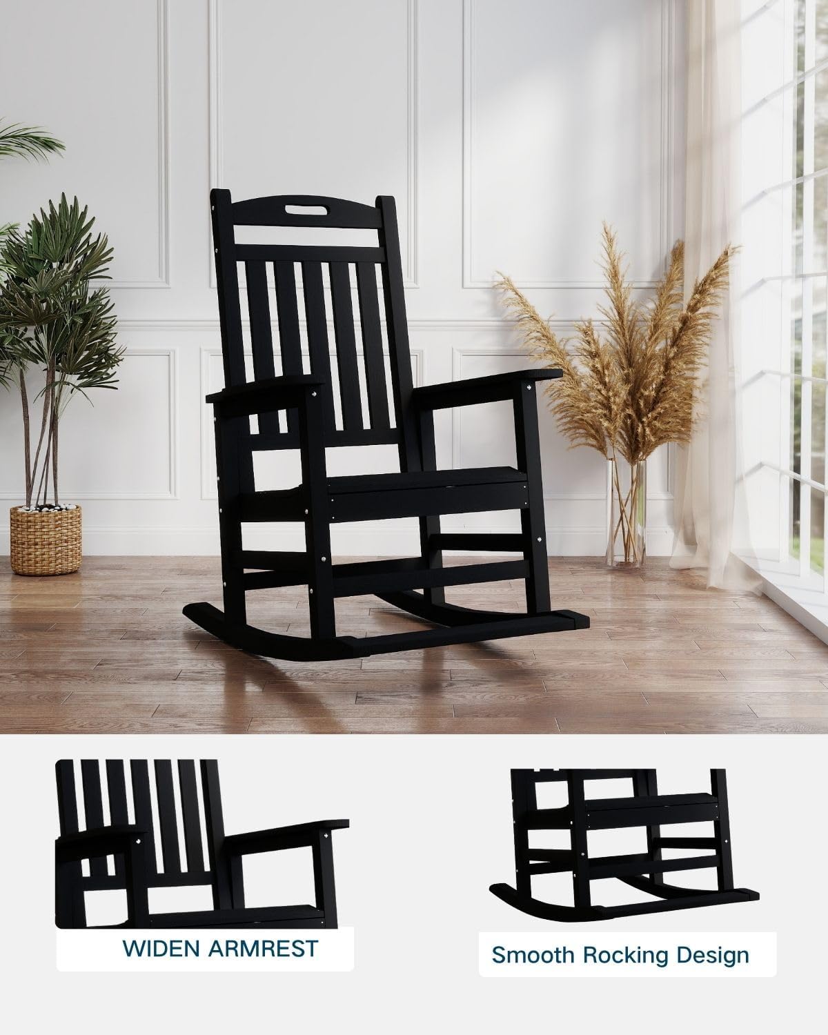 Kingdura Outdoor Rocking Chairs Set of 2, HDPE Plastic Patio Rocking Chair All-Weather Oversized Porch Rocker with High Back for Patio Outside Backyard Balcony (Black)