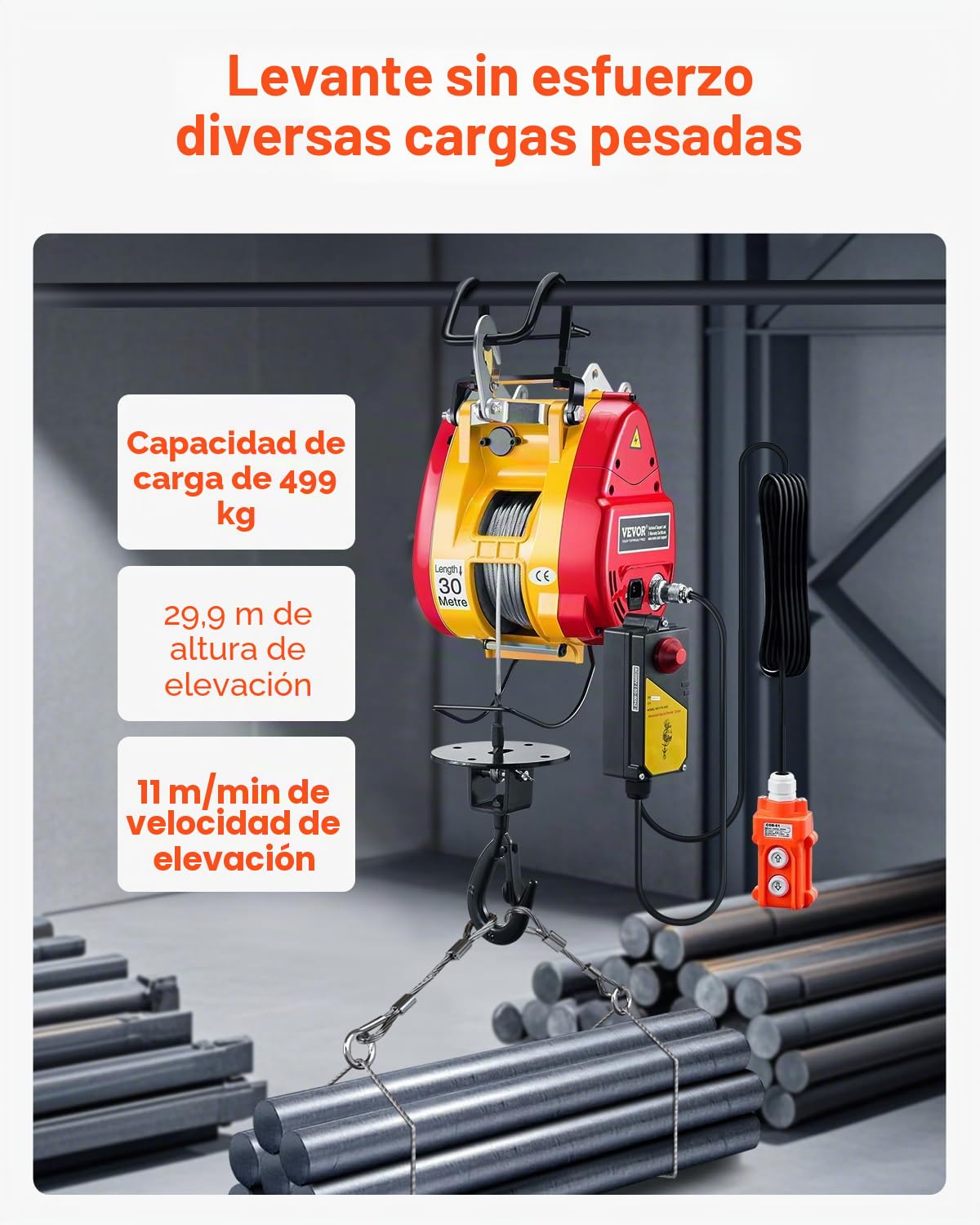 VEVOR Cabrestante eléctrico de 500 kg de capacidad, cabrestante eléctrico portátil de 1800 W, altura de elevación 30 m, 11 m/min con mando a distancia de cable e inalámbrico, para garaje, fábrica