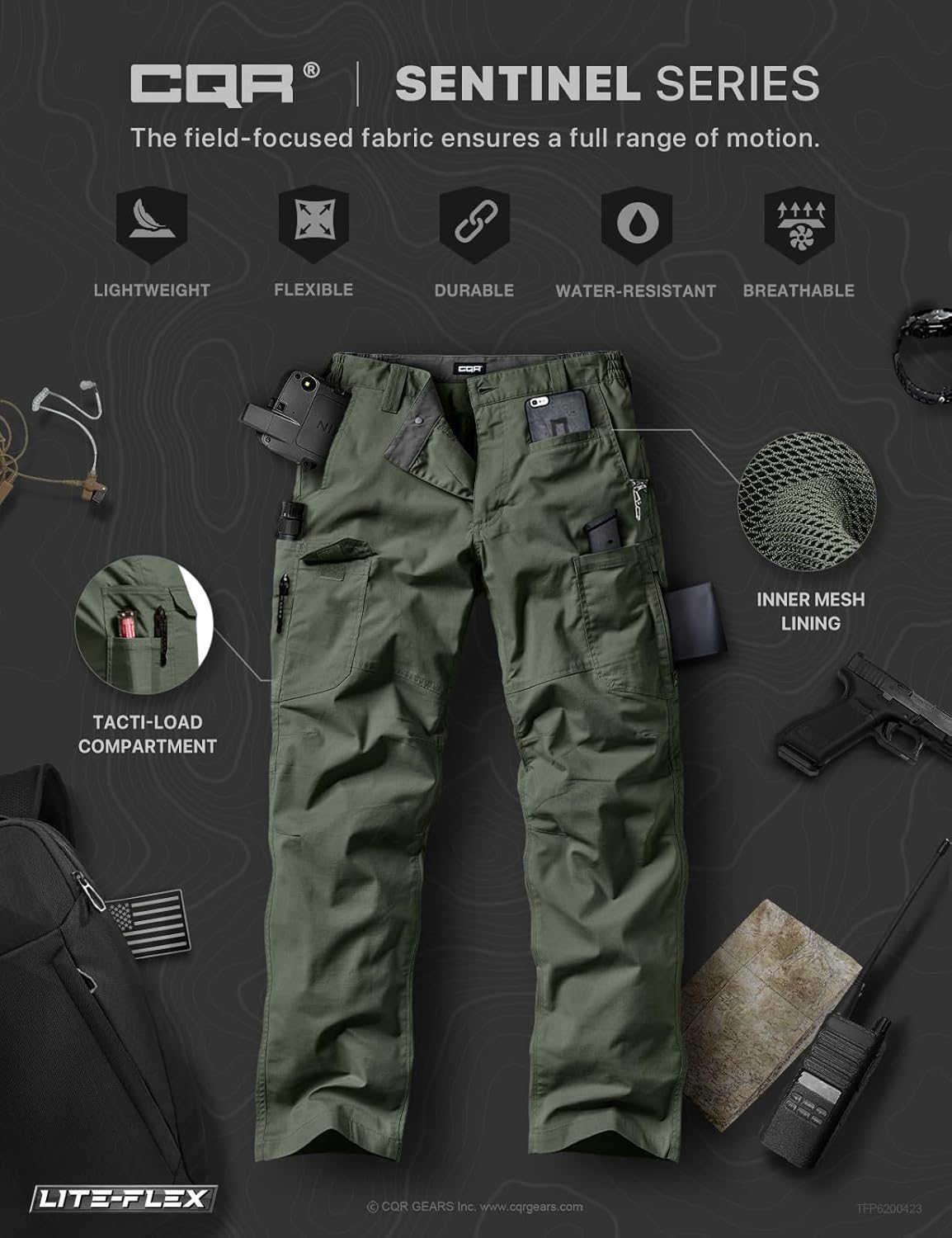 CQR Men's Utility Flex Cargo Pants, Classic-Fit Casual Stretch Work Pants, Water Resistant Lightweight Tactical Hiking Pants - Image 7