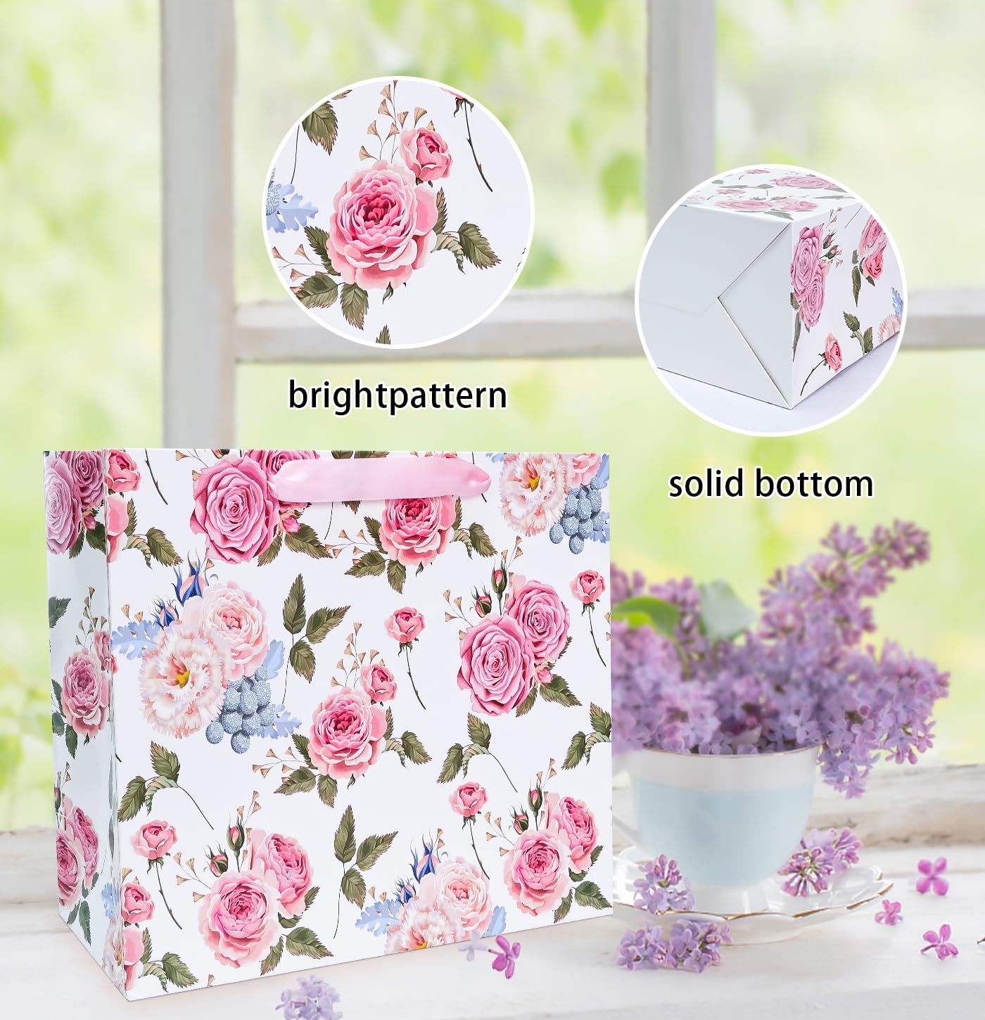 MUNILAIL 13 Inches Large Gift Bag for Women Flower Gift Bag with Handle Tissue Paper and Greeting Card for Birthday Wedding Bridal Shower Party Large Pink Paper Gift Bag
