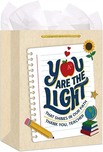 D4DREAM Teacher Appreciation Gift Bags - 11.5'' Medium You Are the Light Teacher Gift Bag with Handles and Tissue Paper for End of Year Graduation Retirement Party Supplies
