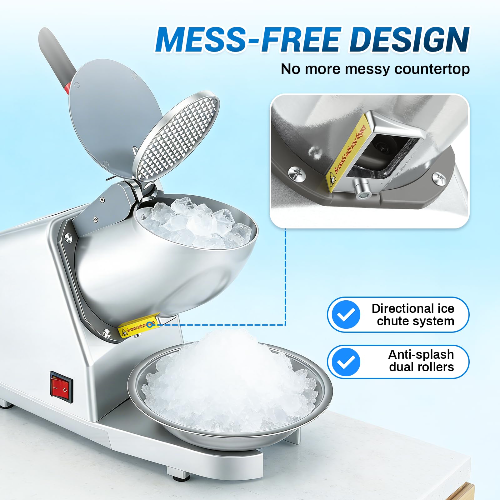 Elektrischer Eisrasierer, Edelstahl Eisbrecher 85kg/h mit 2 Klingen, Schüssel & Abdeckung, 300 W 2000 U/min Elektrisch Ice Crusher Machine für Smoothies, Cocktails, Silber